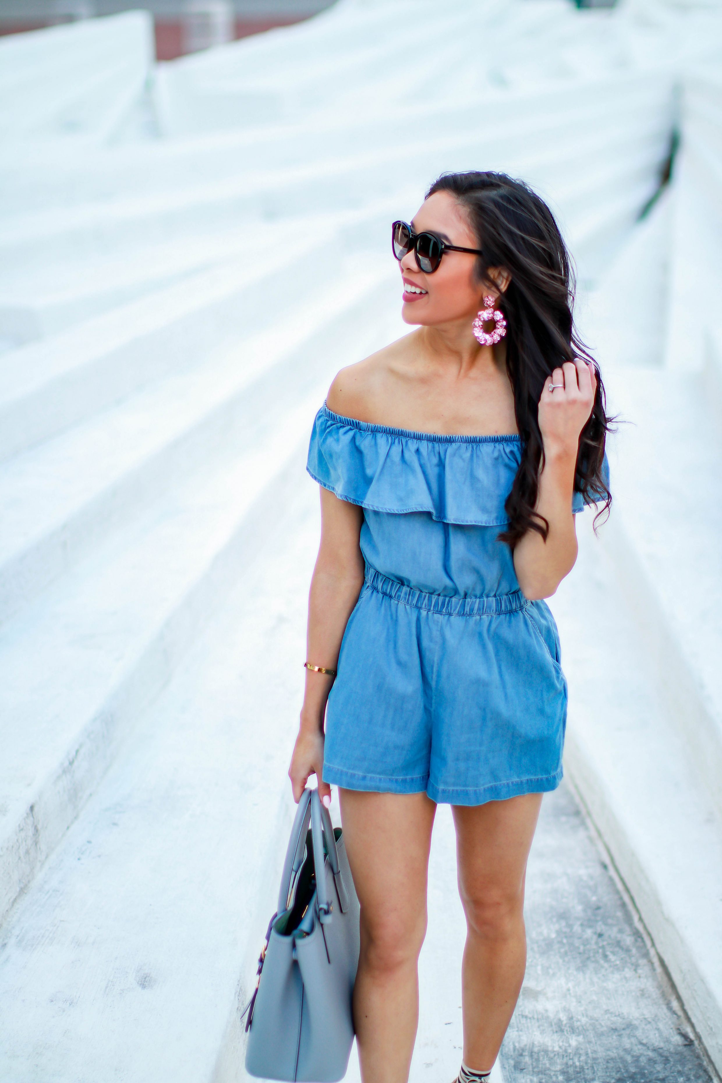 Off the shoulder chambray romper for spring and summer