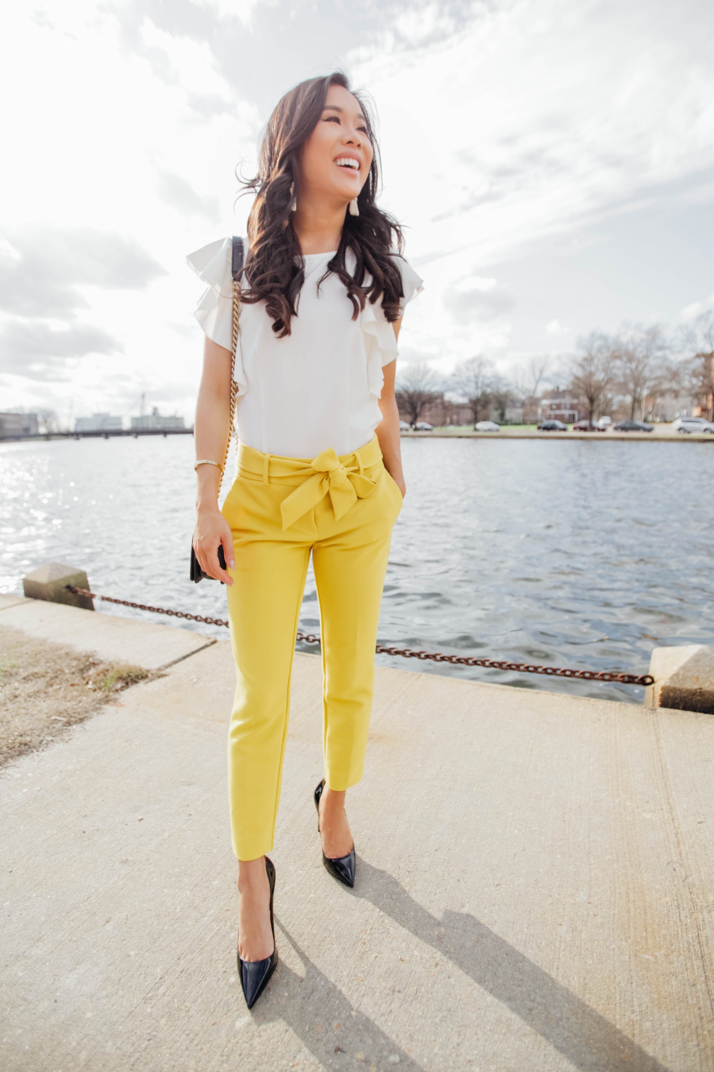 Yellow tie-waist pants for work and weekend
