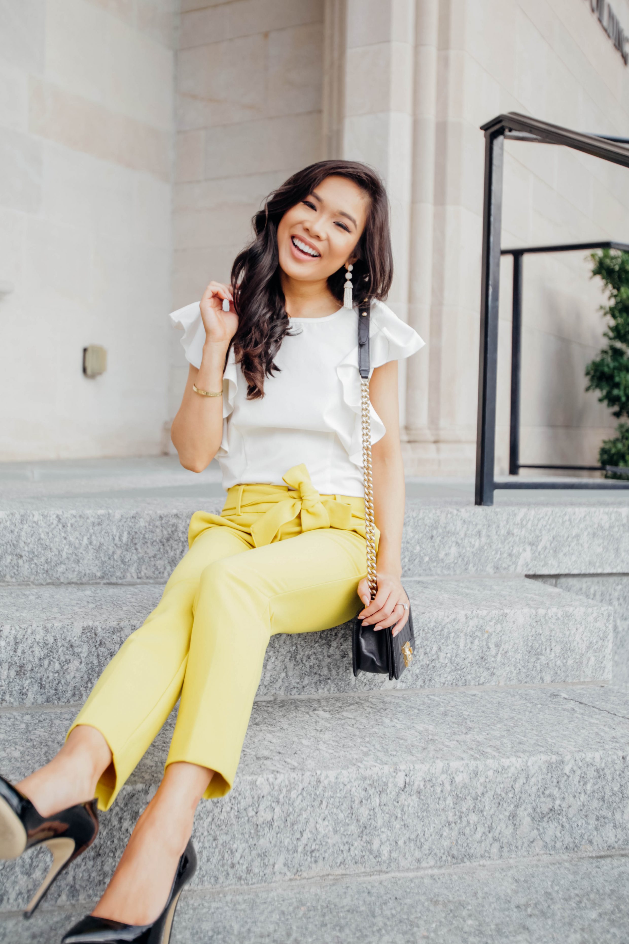 Yellow Crush :: Tie-Waist Pants & White Ruffle Blouse - Color & Chic