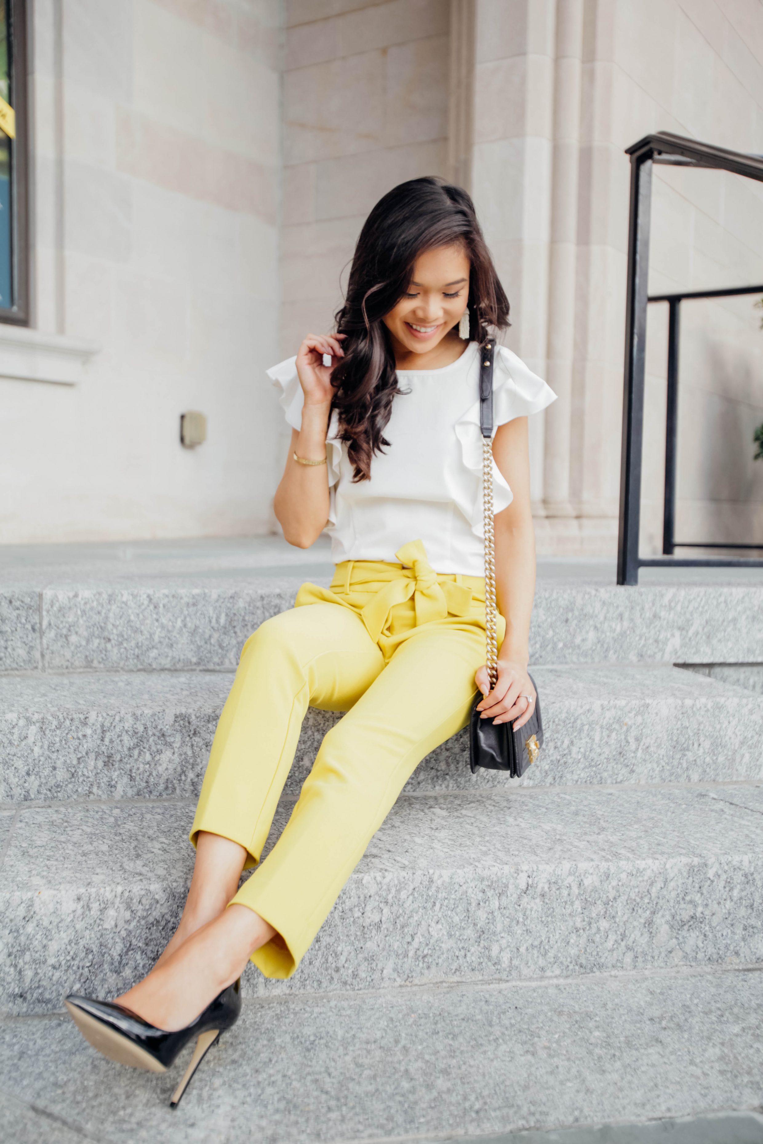Yellow tie-waist pants for work and weekend