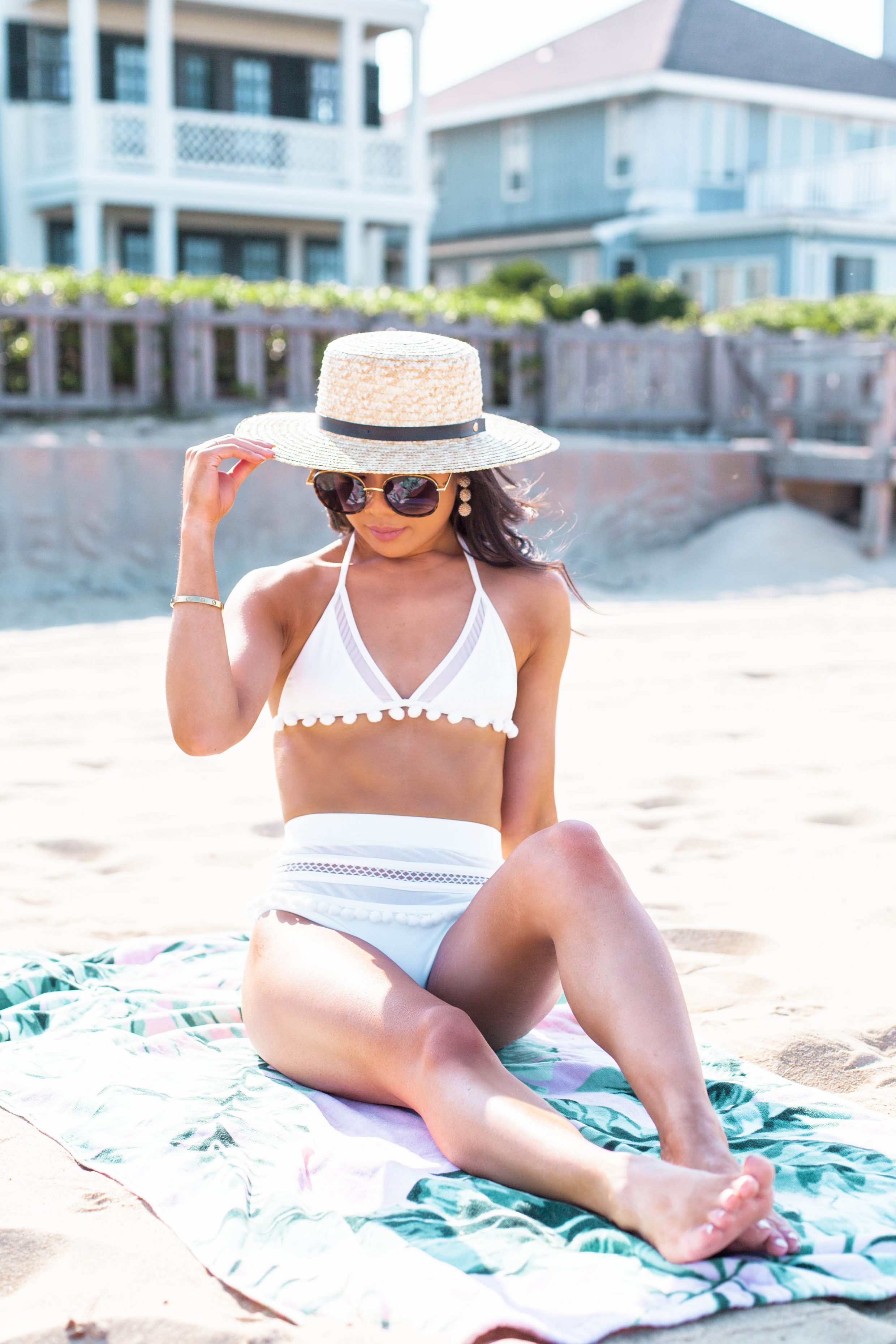 White pom pom high-waisted bikini for summer