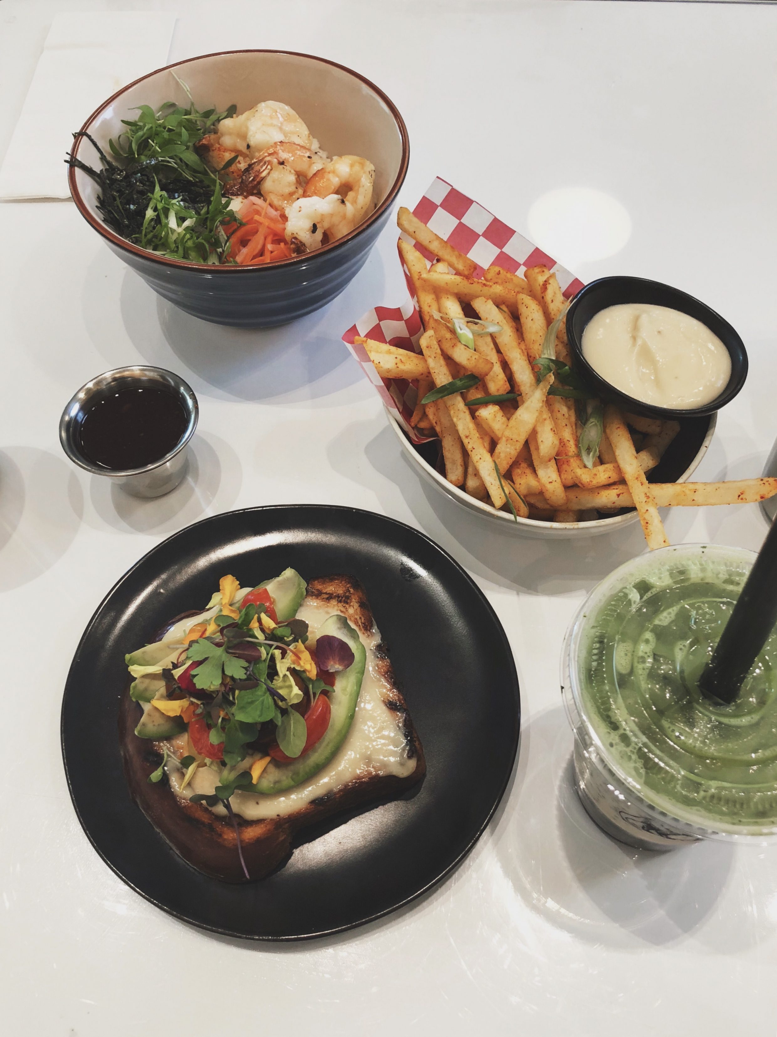 Rice Plate with Shrimp, Miso Avocado Toast, Kimchi Fries and Boba Guys at Sunday at the Museum in San Francisco