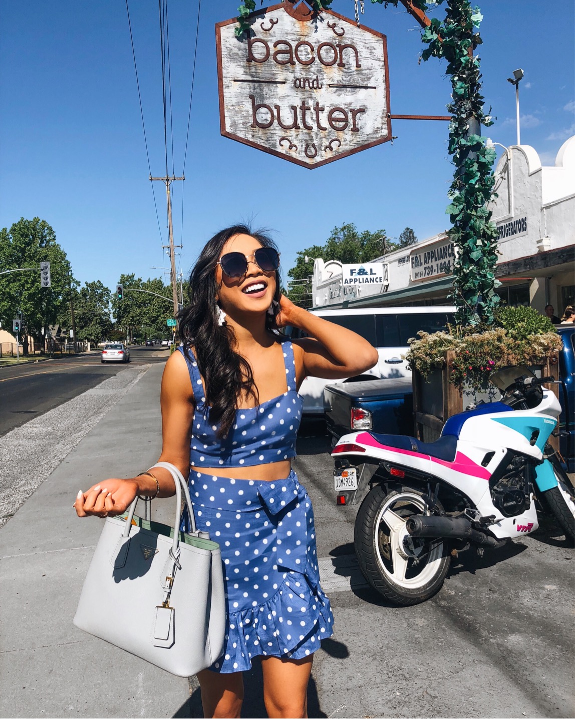 Blue Polka Dot Two Piece Set at Bacon and Butter in Sacramento