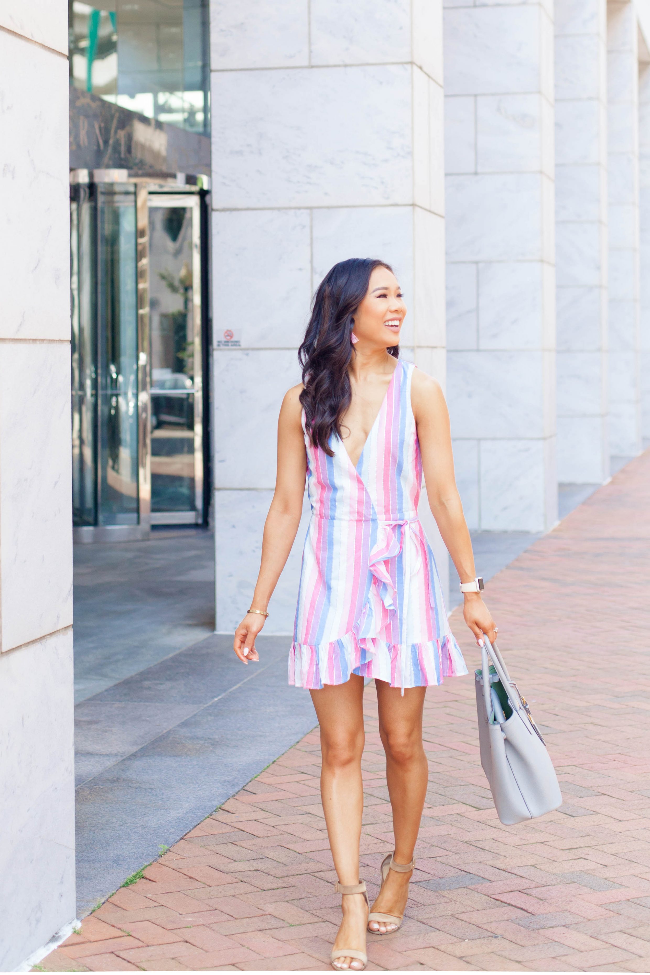 Pastel striped dress for summer with Prada Cuir tote