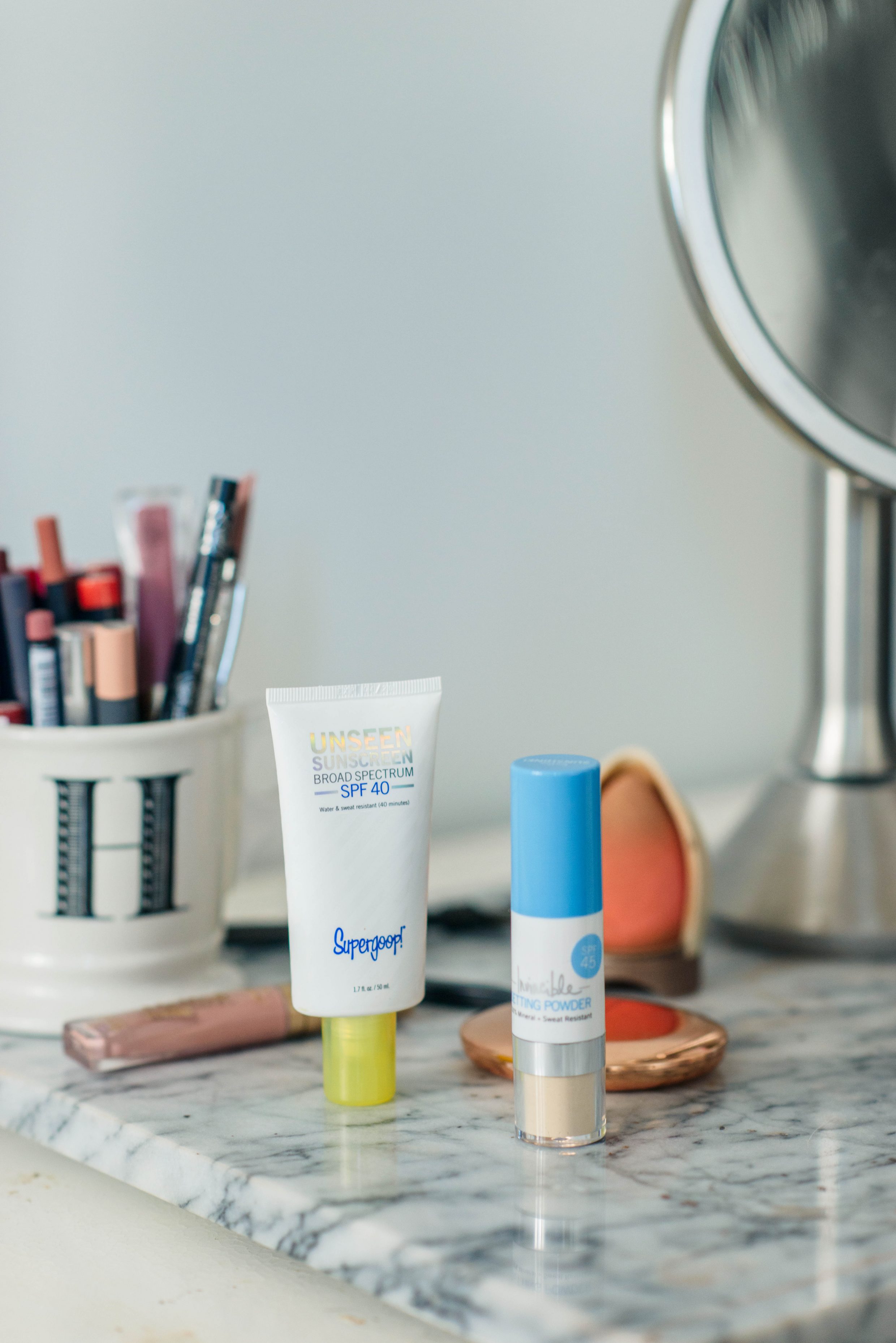 Supergoop! Favorites including the Unseen Sunscreen and Invincible Setting Powder