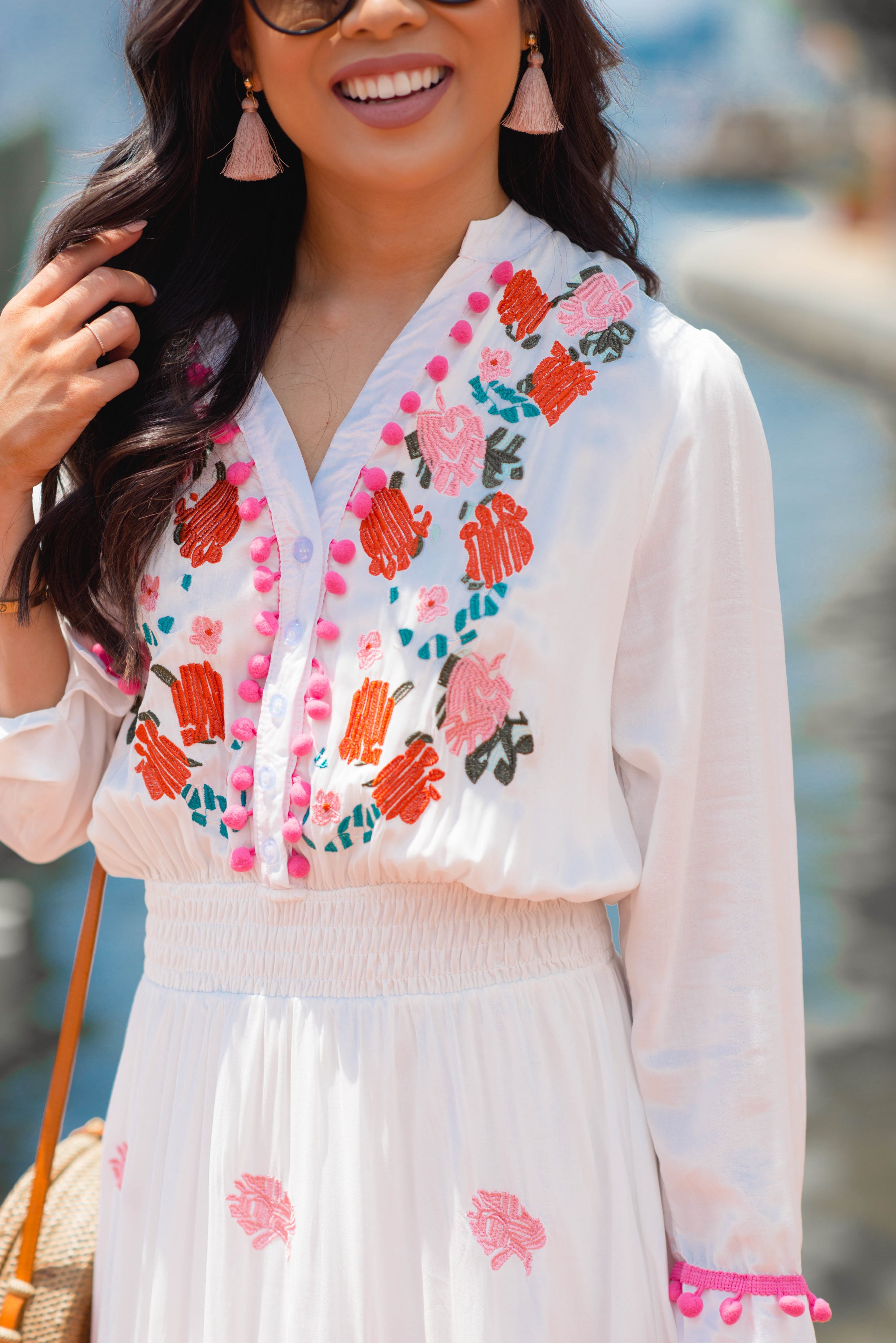 Embroidered maxi dress and tassel earrings