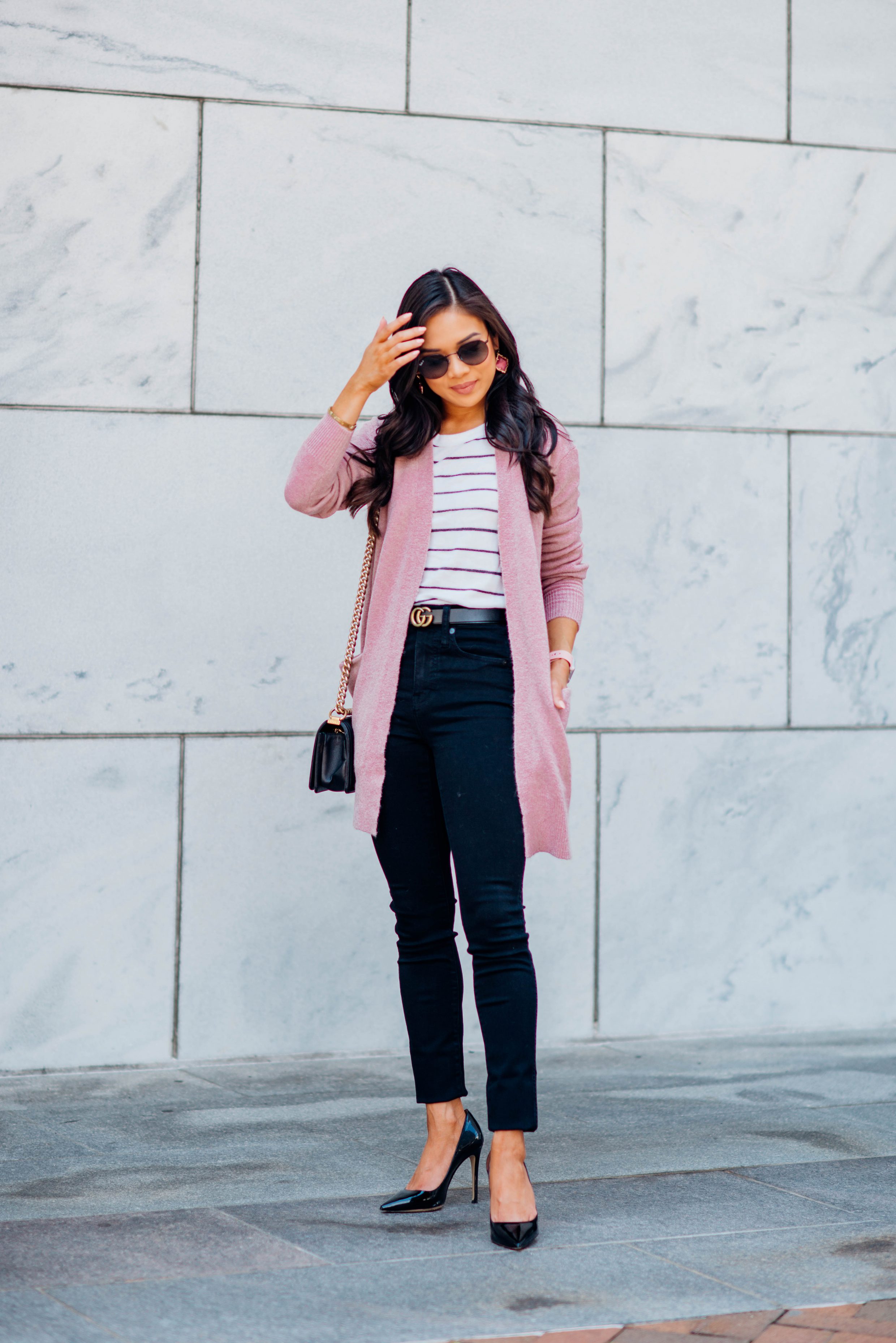 Easy fall look with a striped tee, blush cardigan and black jeans