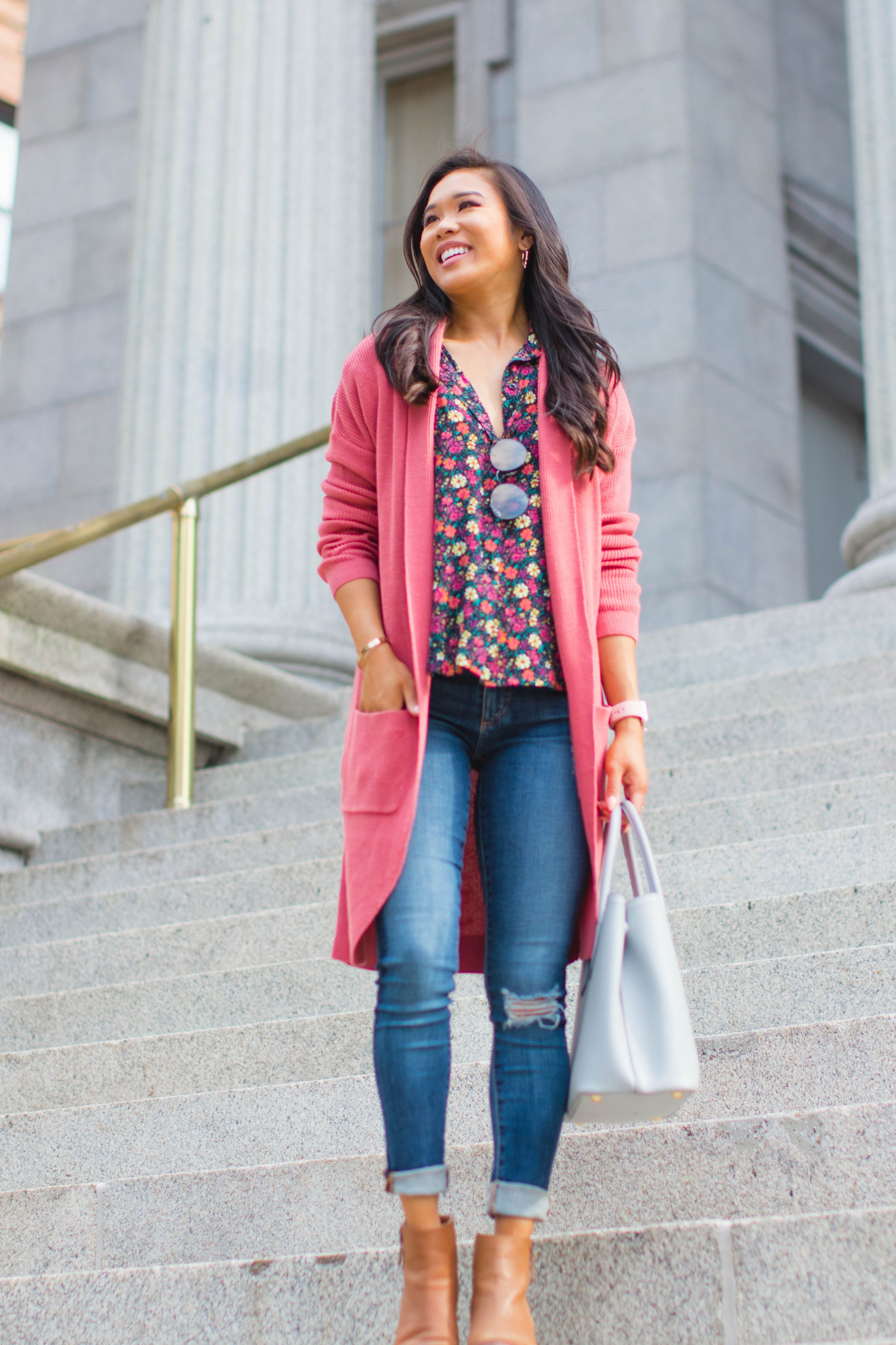 Fall outfit idea with dark florals and booties