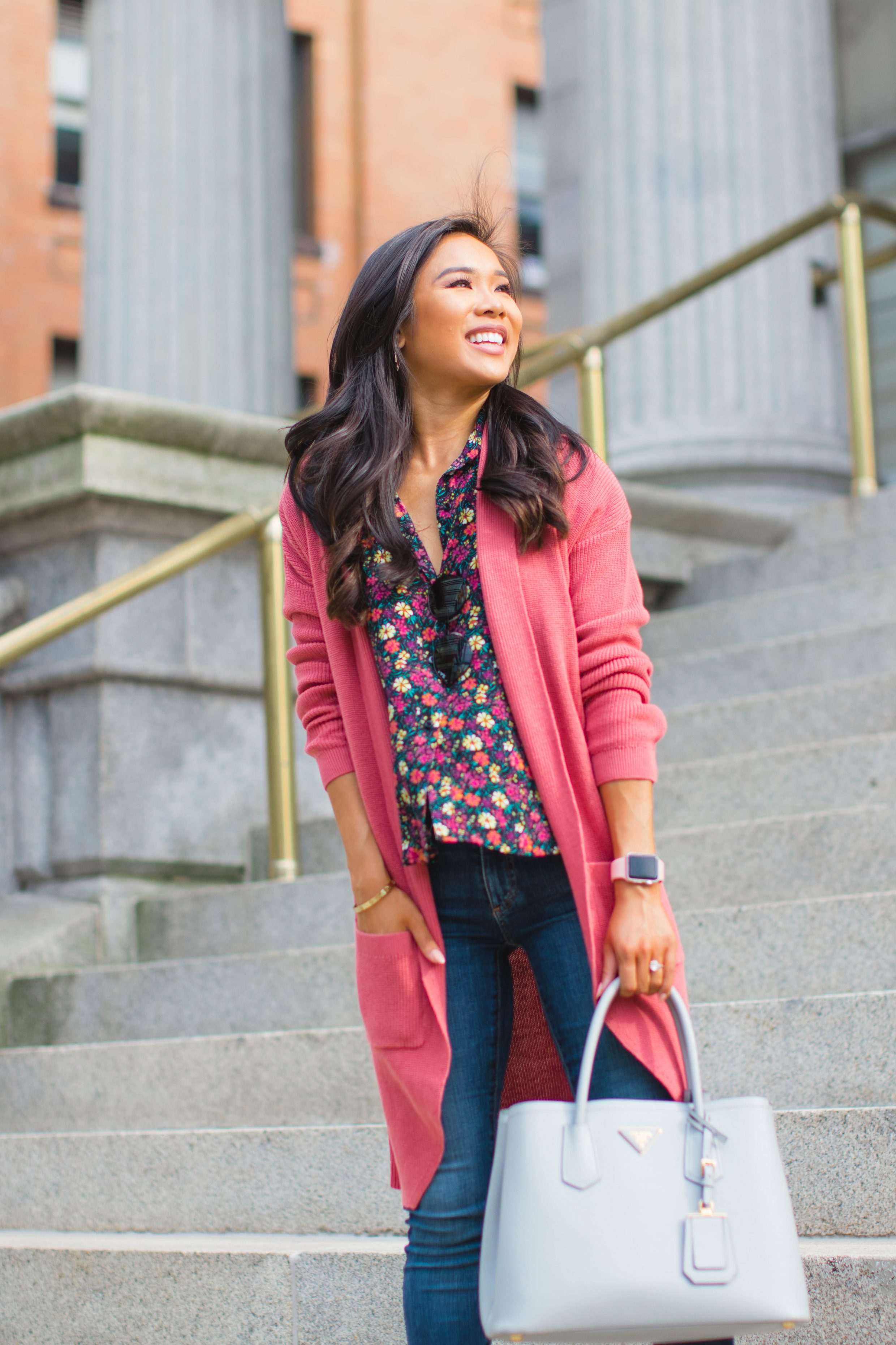 Norfolk fashion blogger Hoang-Kim wears a fall outfit idea with dark florals and booties