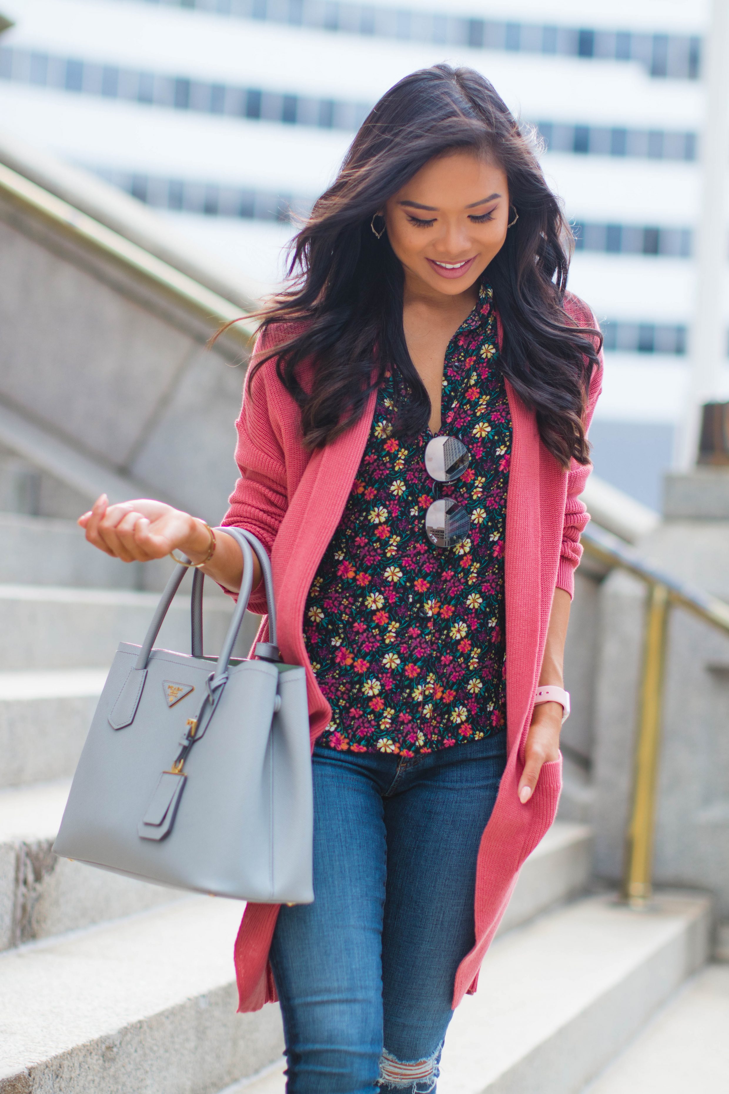 Norfolk fashion blogger Hoang-Kim wears a fall outfit idea with a floral blouse and cardigan
