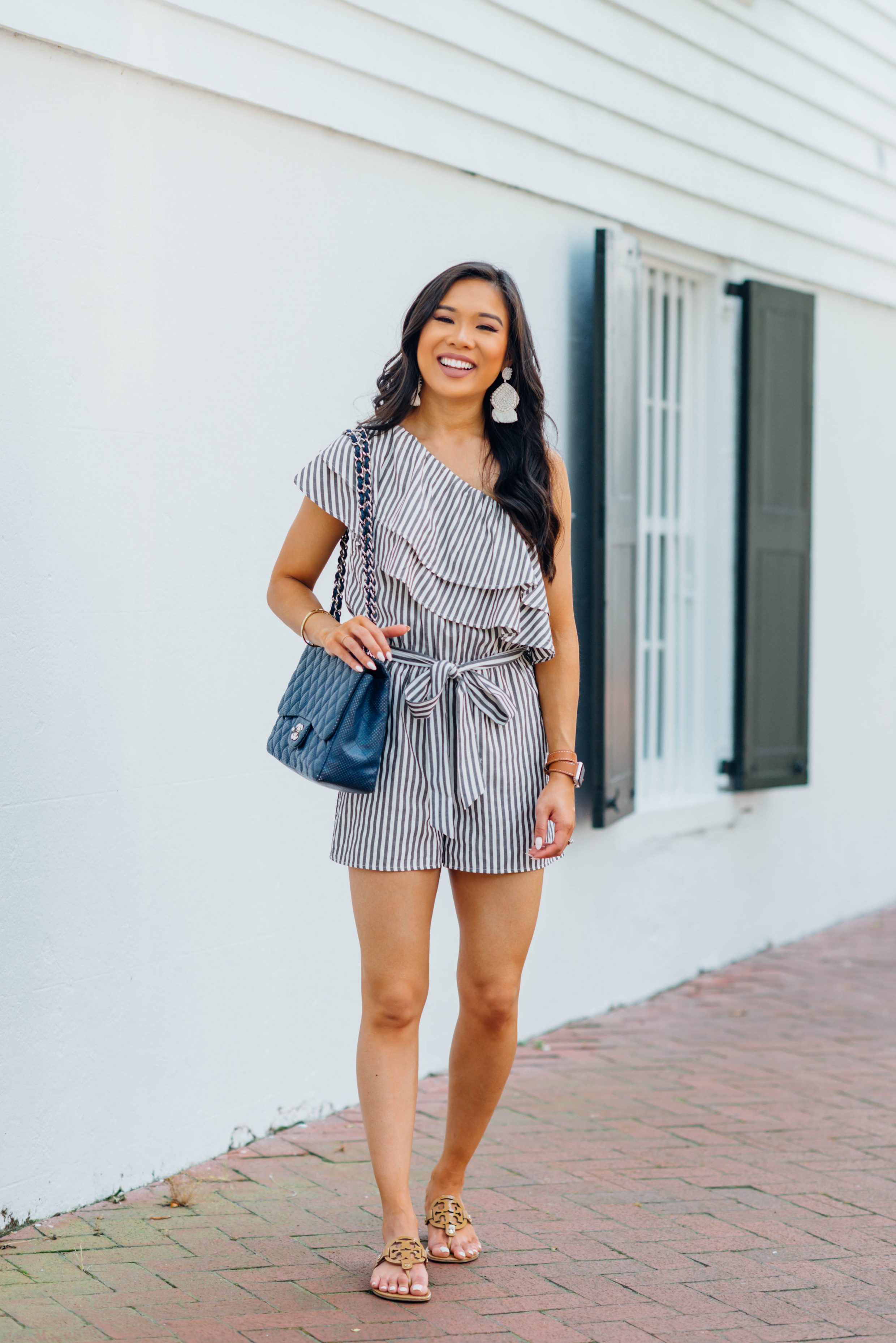 Striped Romper and navy Chanel flap bag