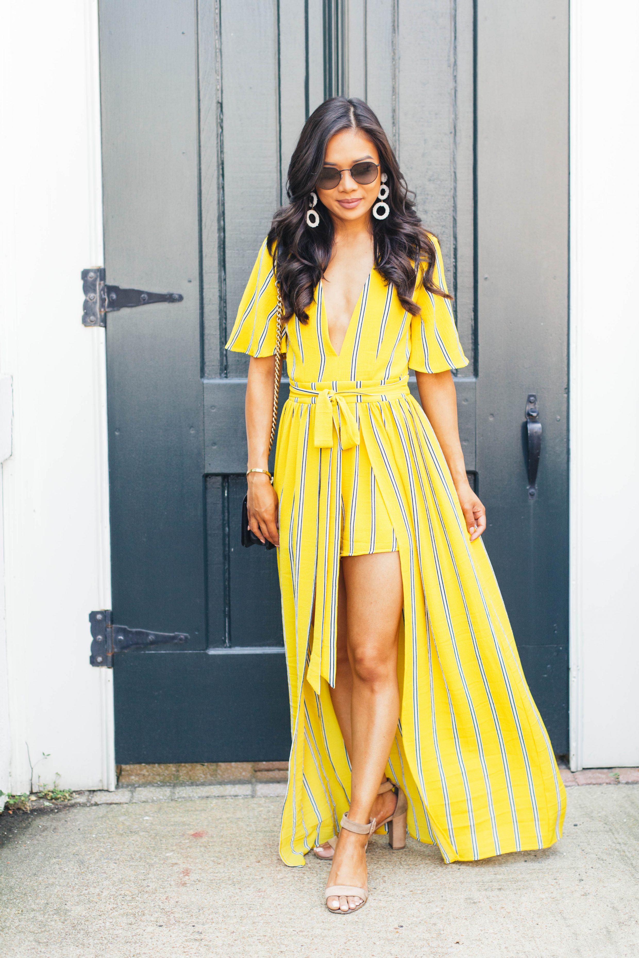 Socialite Yellow Wrap Jumpsuit and Baublebar Drop Earrings for summer