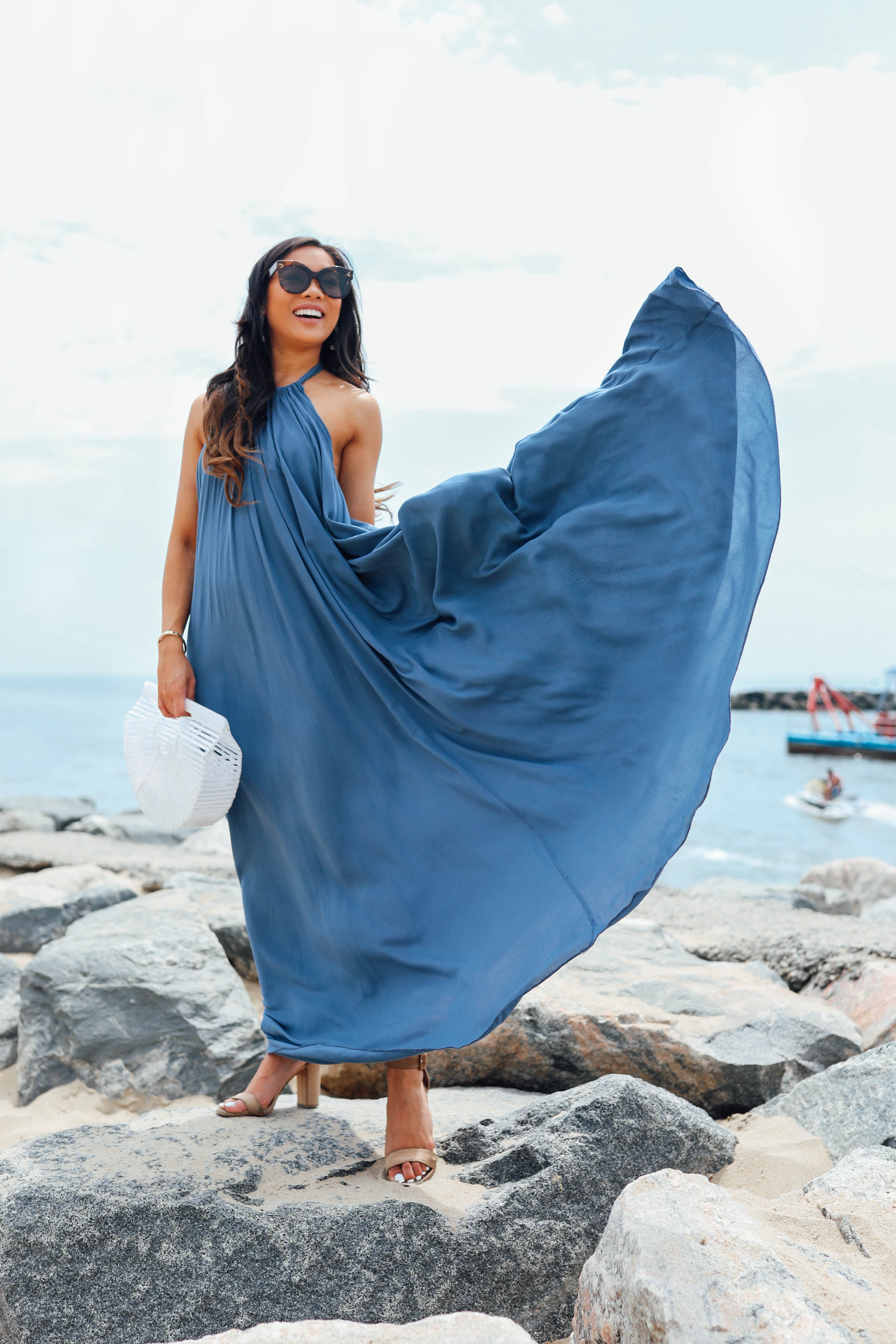 Hoang-Kim of Color & Chic wears a blue maxi dress with Celine glasses in Virginia Beach