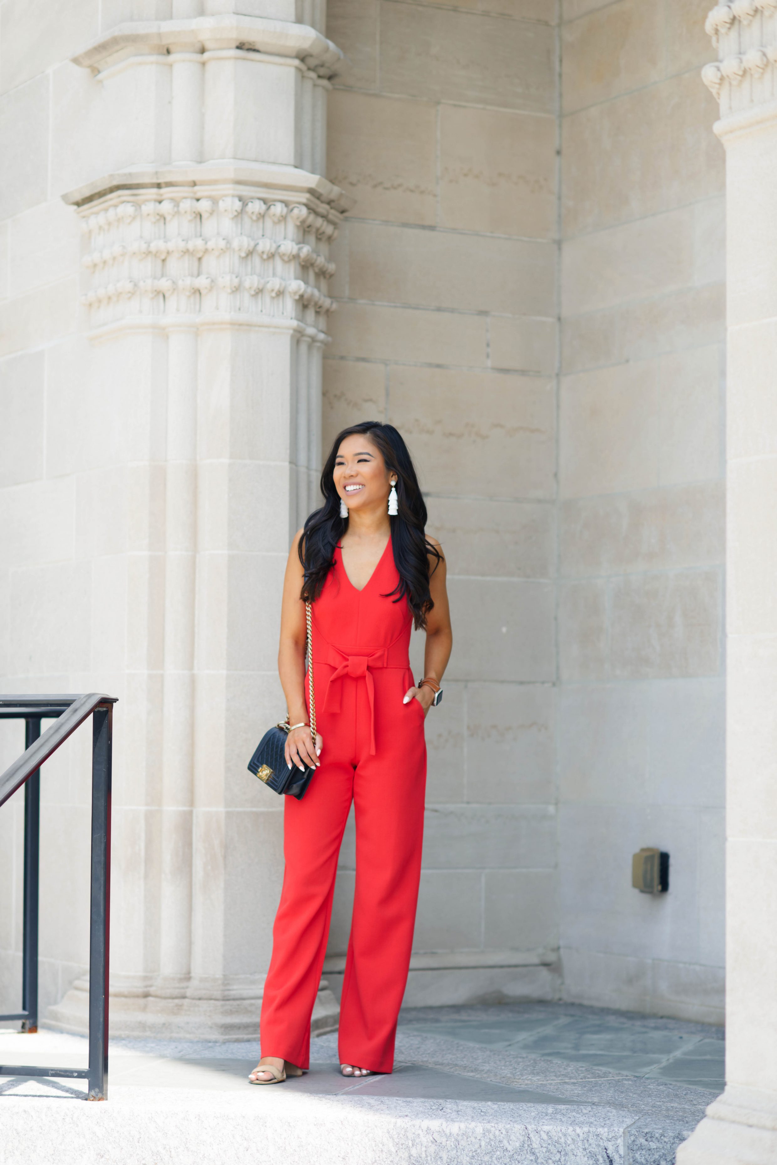 Blogger Hoang-Kim wears a red jumpsuit with pockets