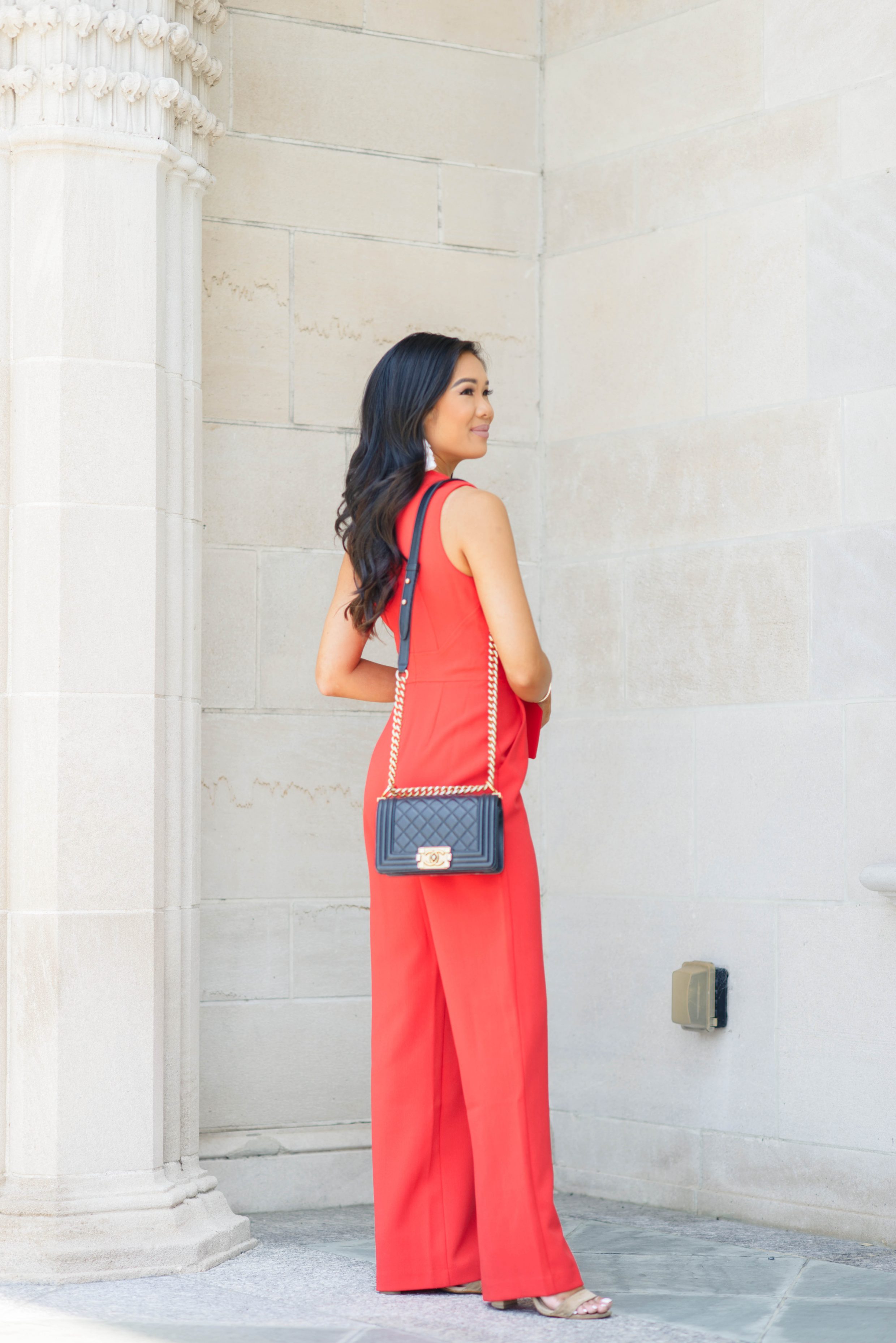 Blogger Hoang-Kim wears a red jumpsuit with pockets