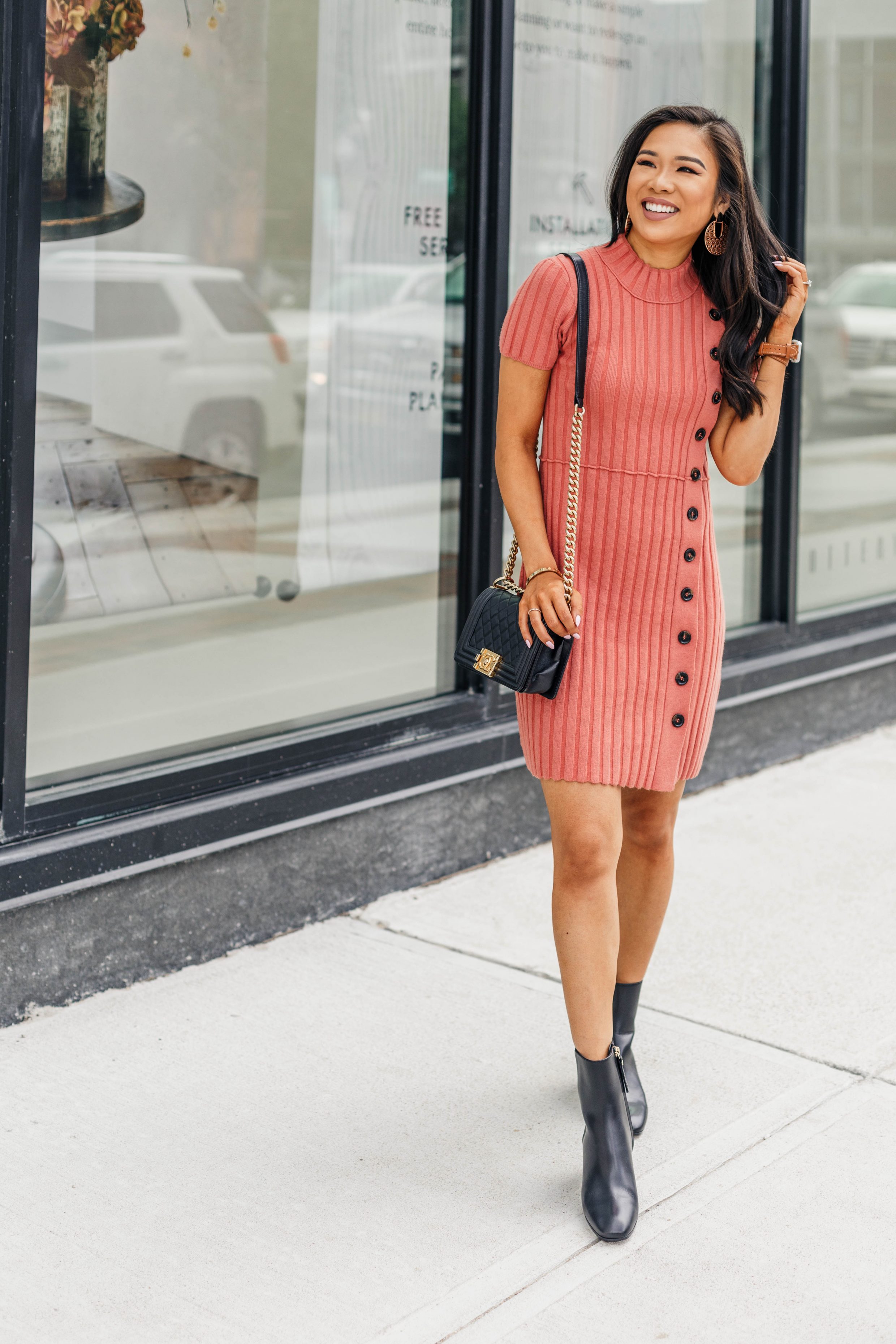 Blogger Hoang-Kim wears a free people dress with M. Gemi booties