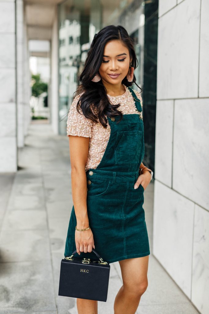 Styling a Corduroy Overall Dress for a Night Out - Color & Chic