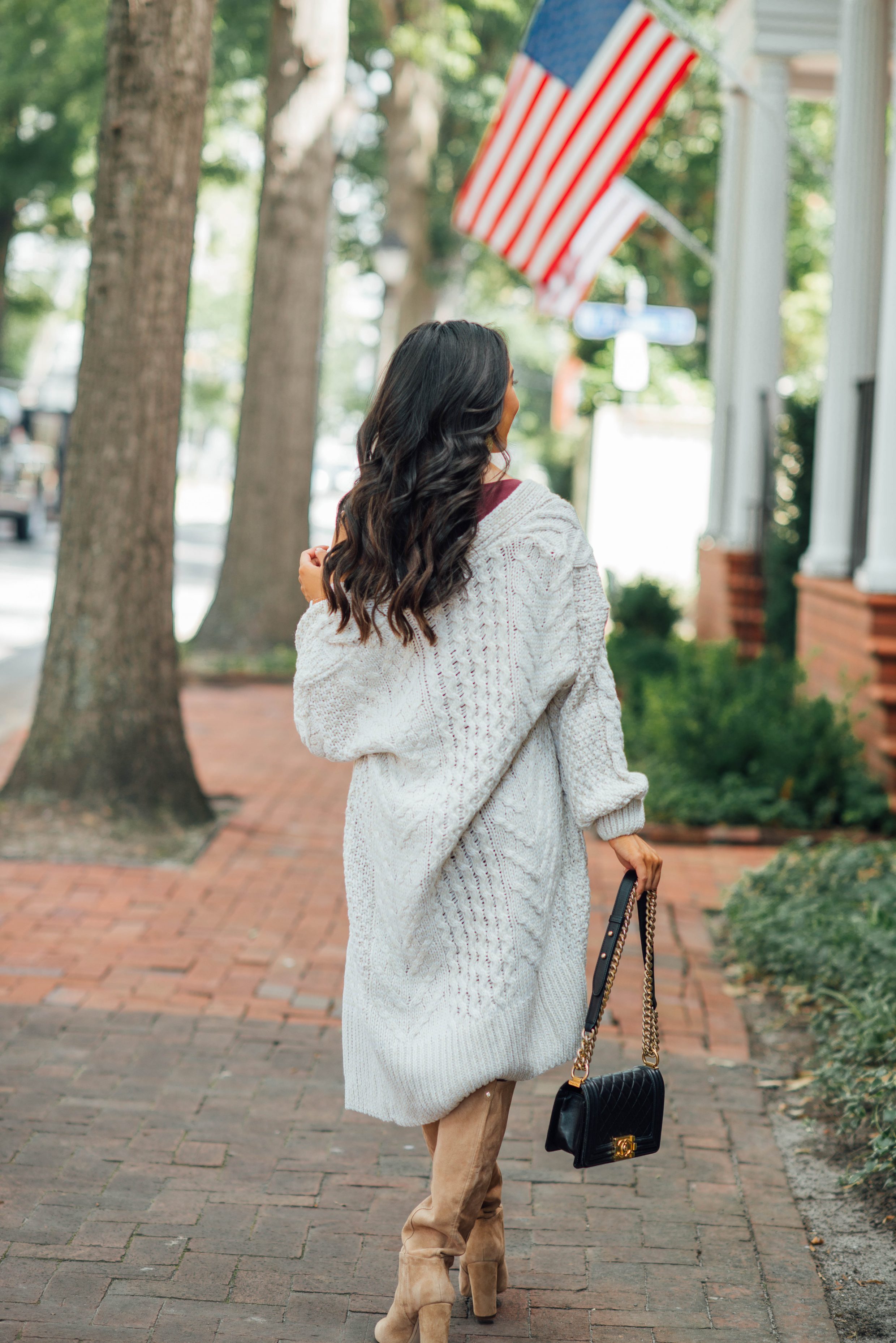 Topshop cream cardigan and knee high boots for fall outfit