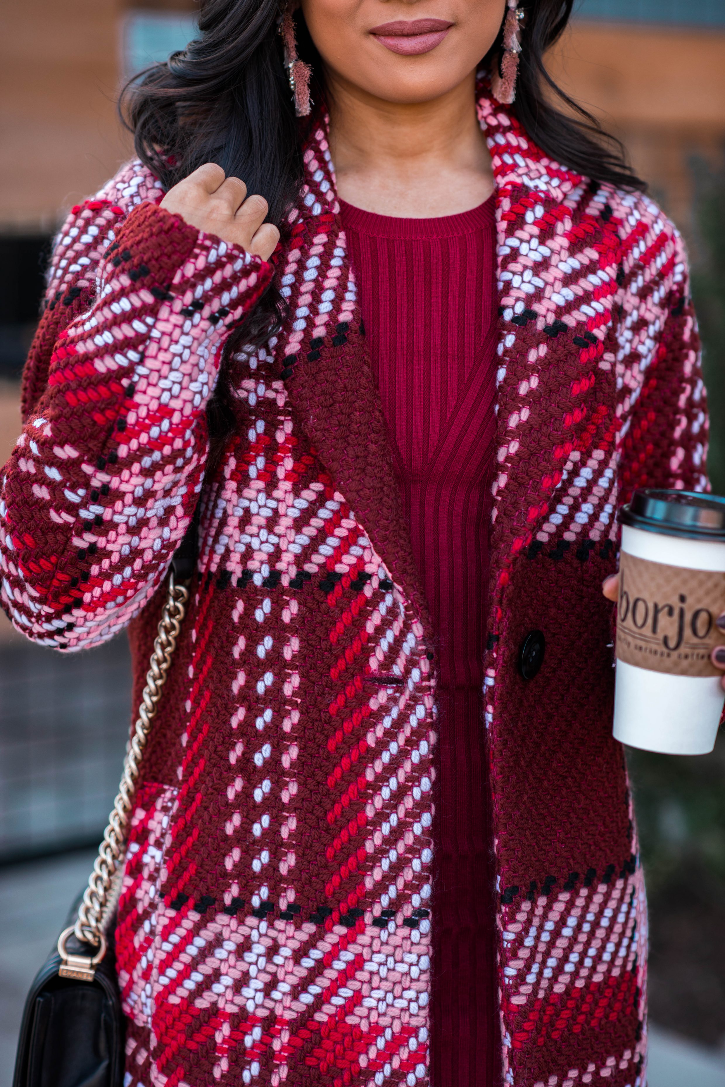 Blogger Hoang-Kim styles a plaid statement coat and sweater dress for fall and winter