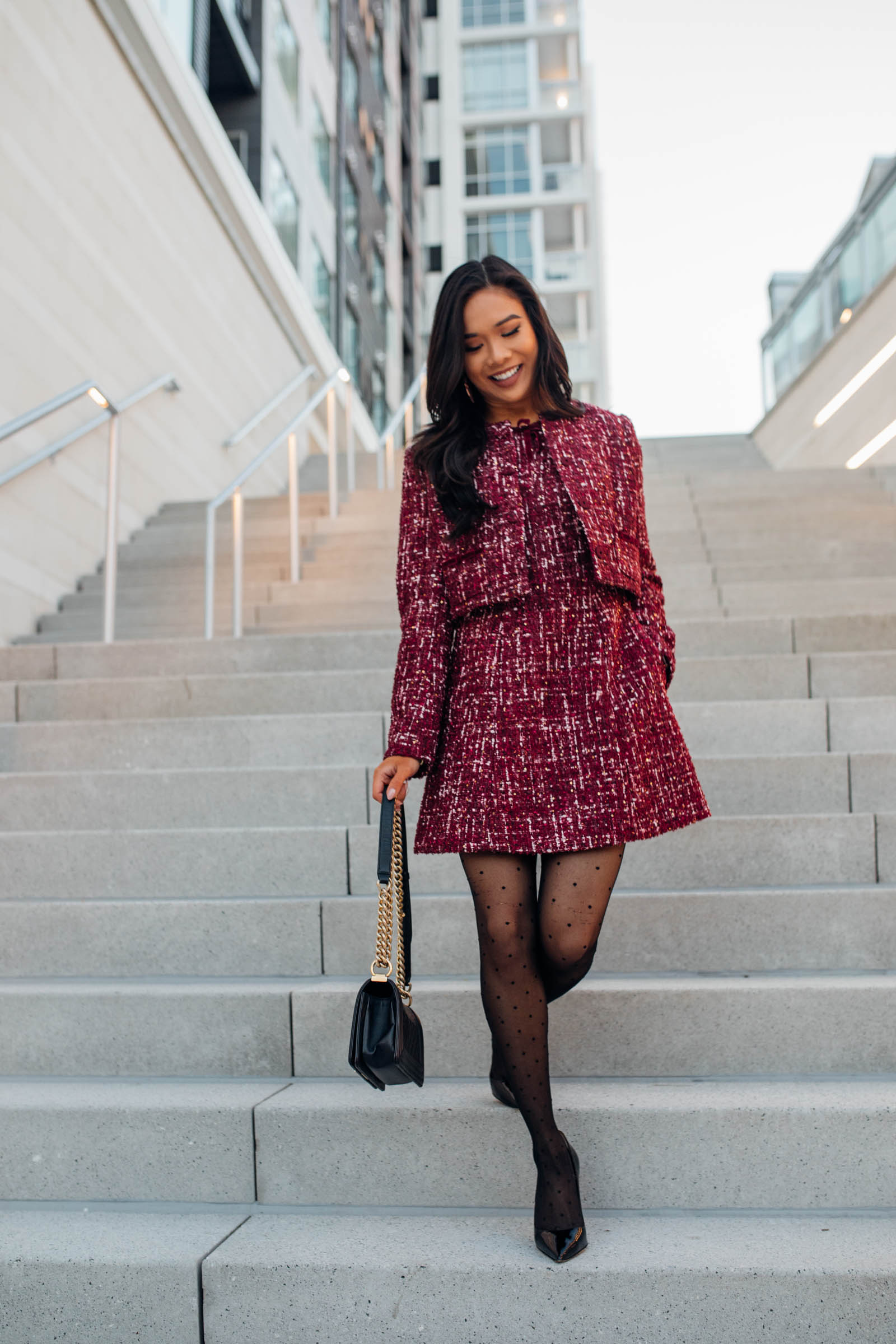 Blogger Hoang-Kim wears a matching tweed dress and jacket from Gal Meets Glam
