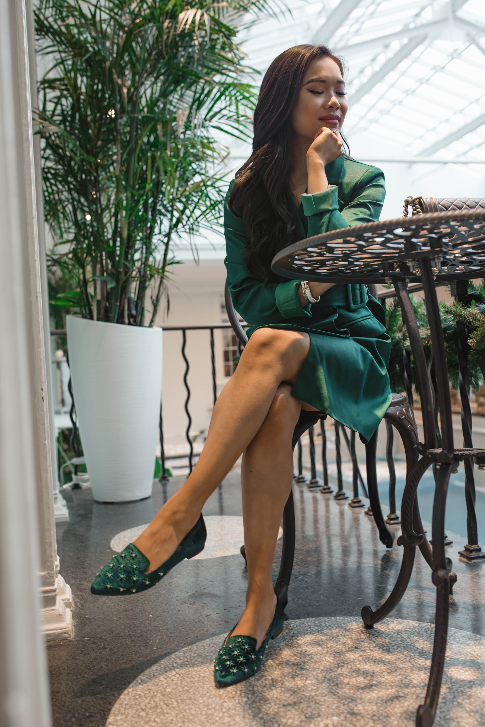 Blogger Hoang-Kim shares her favorite winter trend wearing velvet flats from Sole Society