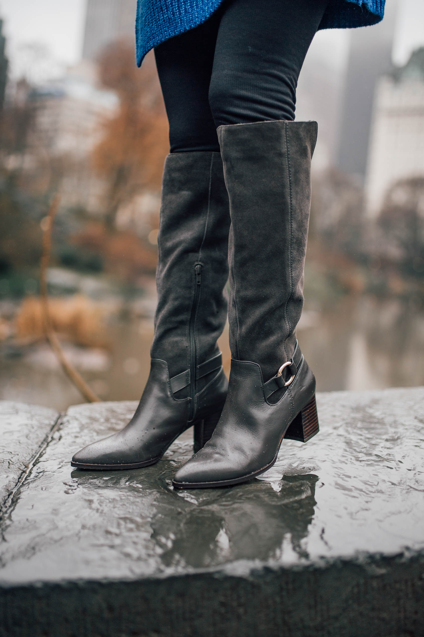 Blogger Hoang-Kim wearing the Daleena boots in Iron from Sole Society