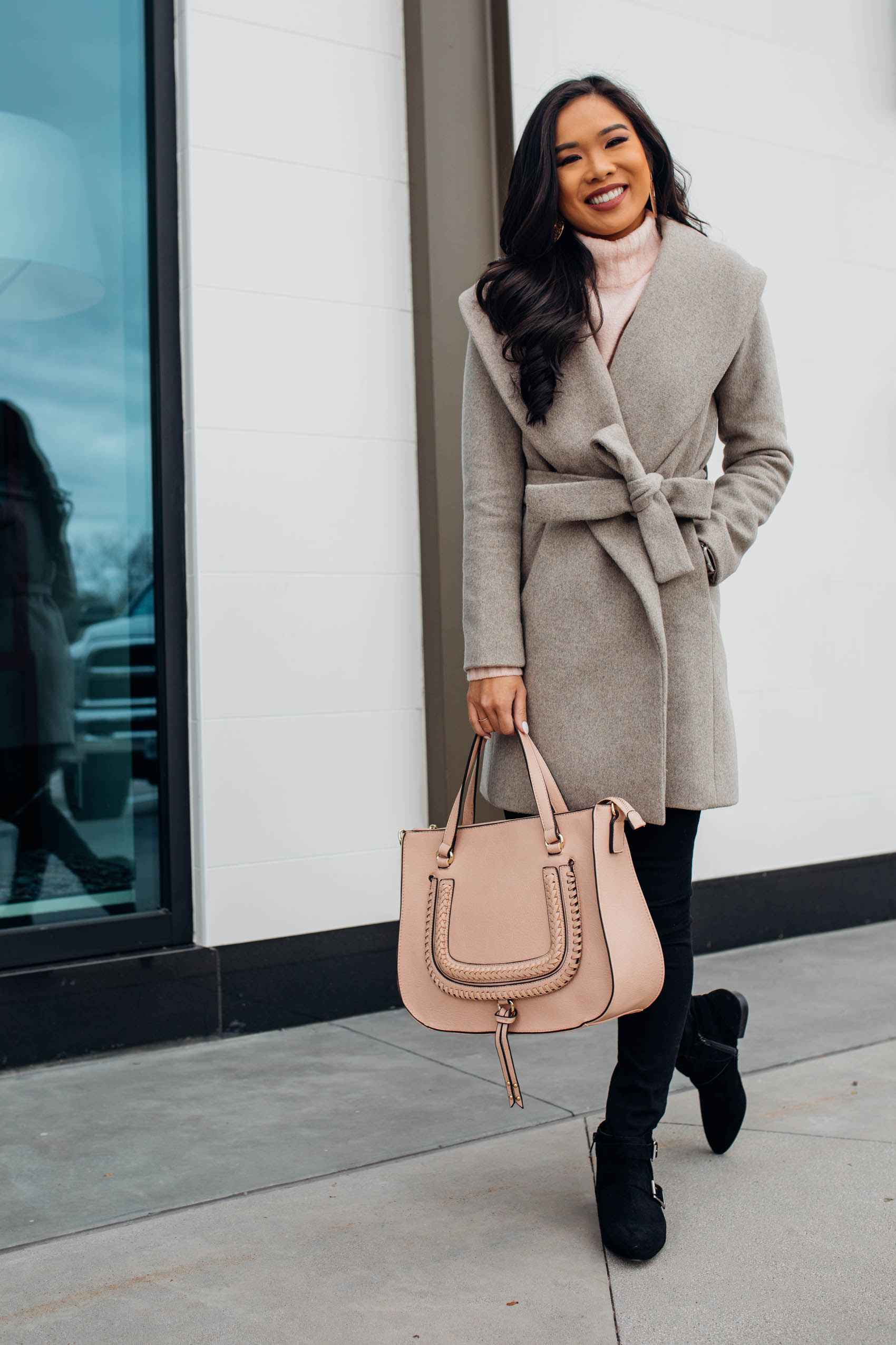 Blogger Hoang-Kim wears a wool wrap coat for a winter outfit