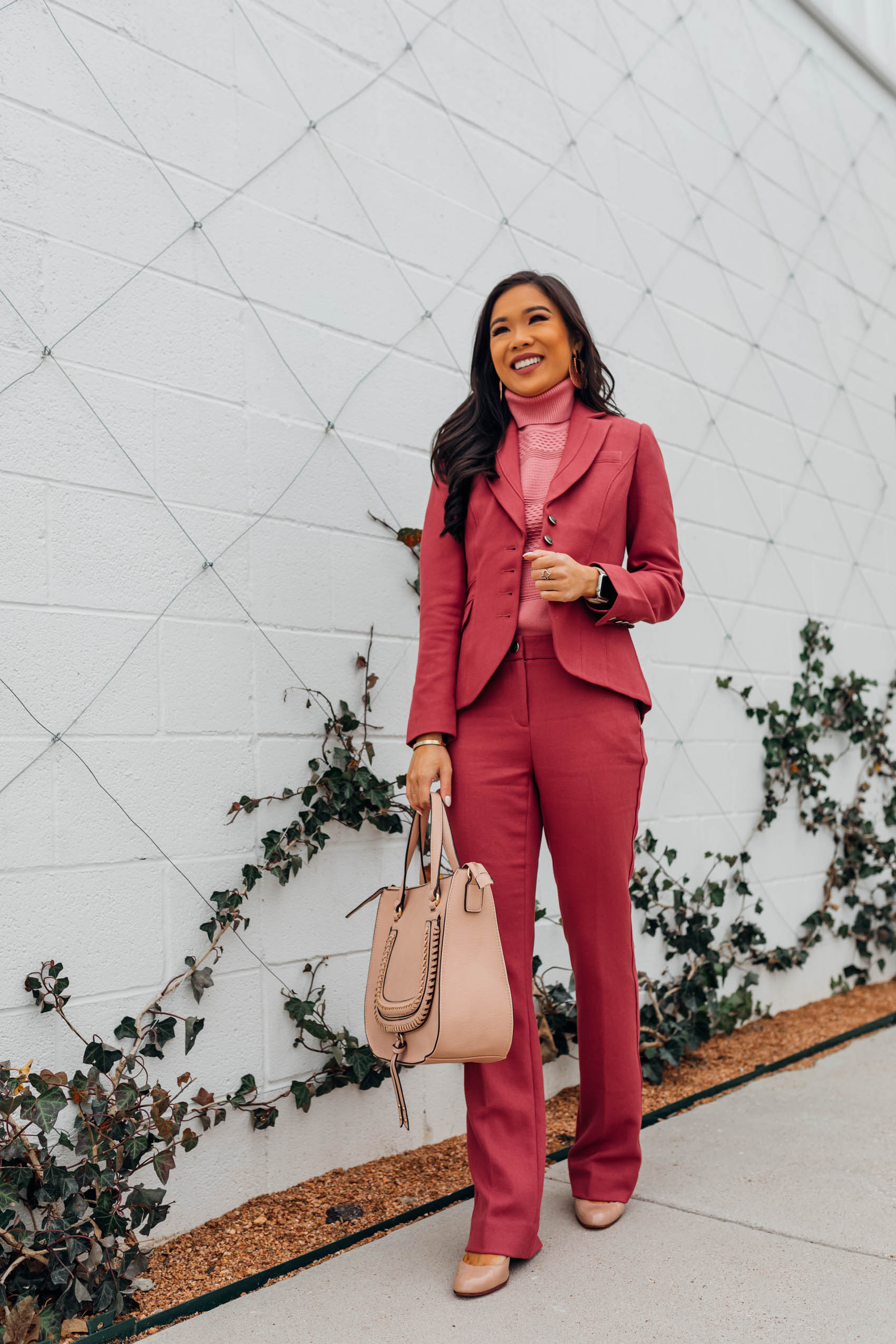 Blogger Hoang-Kim shares a rusty red pantsuit from White House Black Market