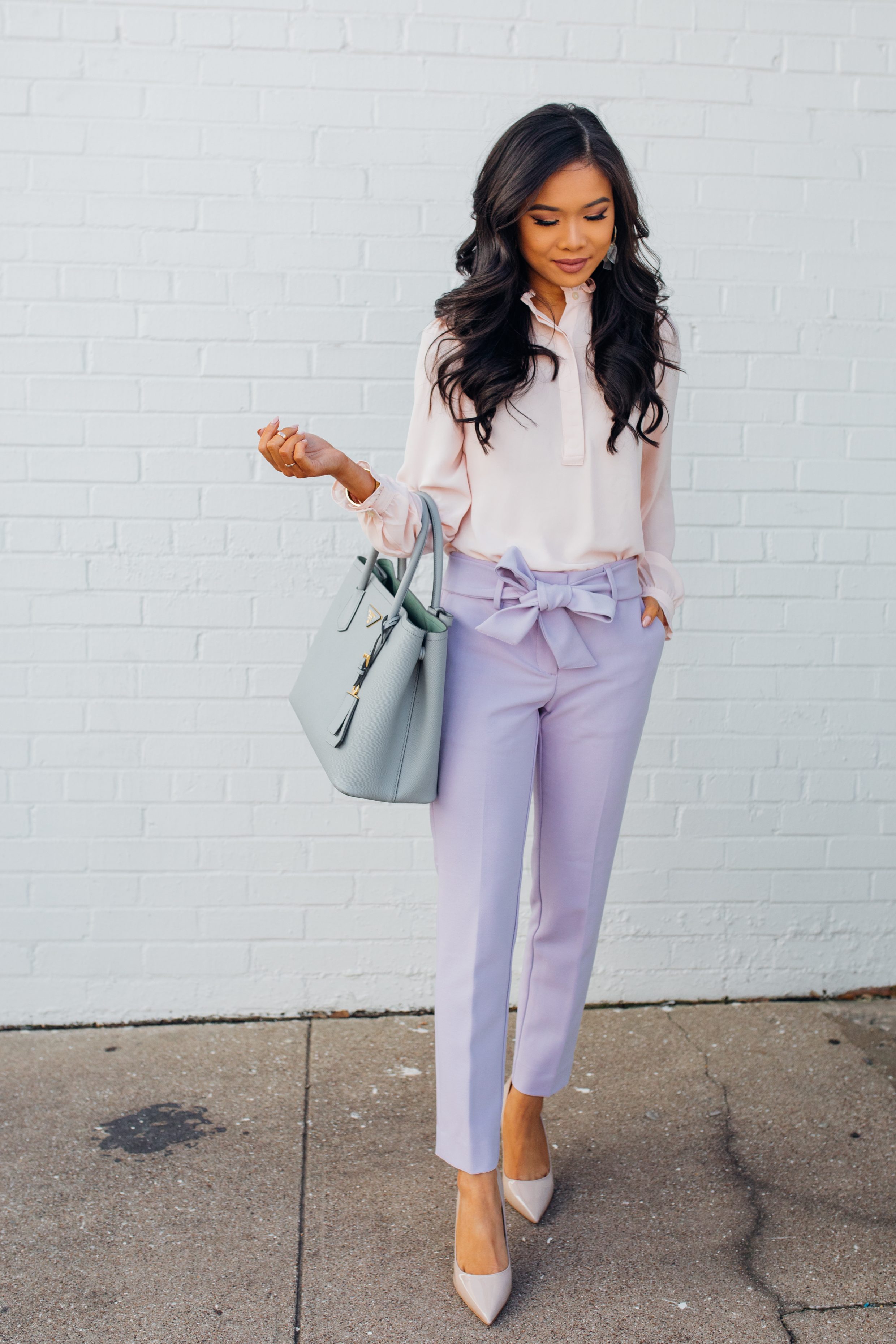 Petite blogger Hoang-Kim wears a blush henley with lavender tie-waist pants from LOFT