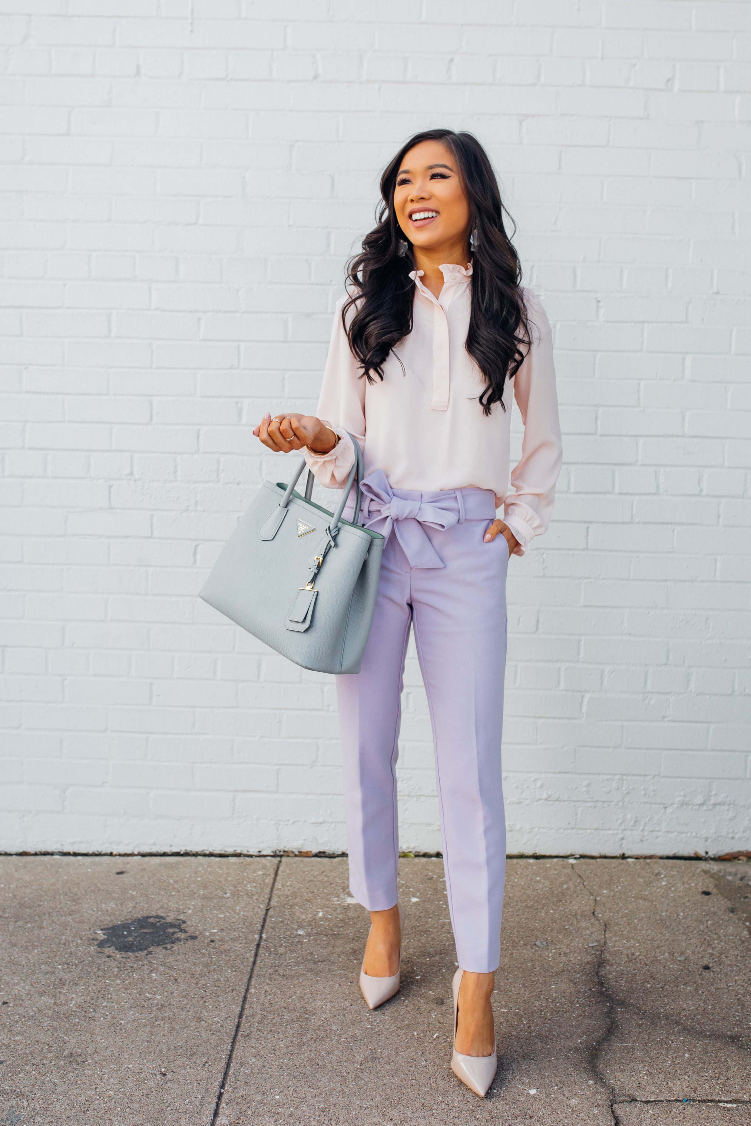 LOFT Tie-waist pants in crystal violet with a blush henley and M. Gemi Cammeo heels