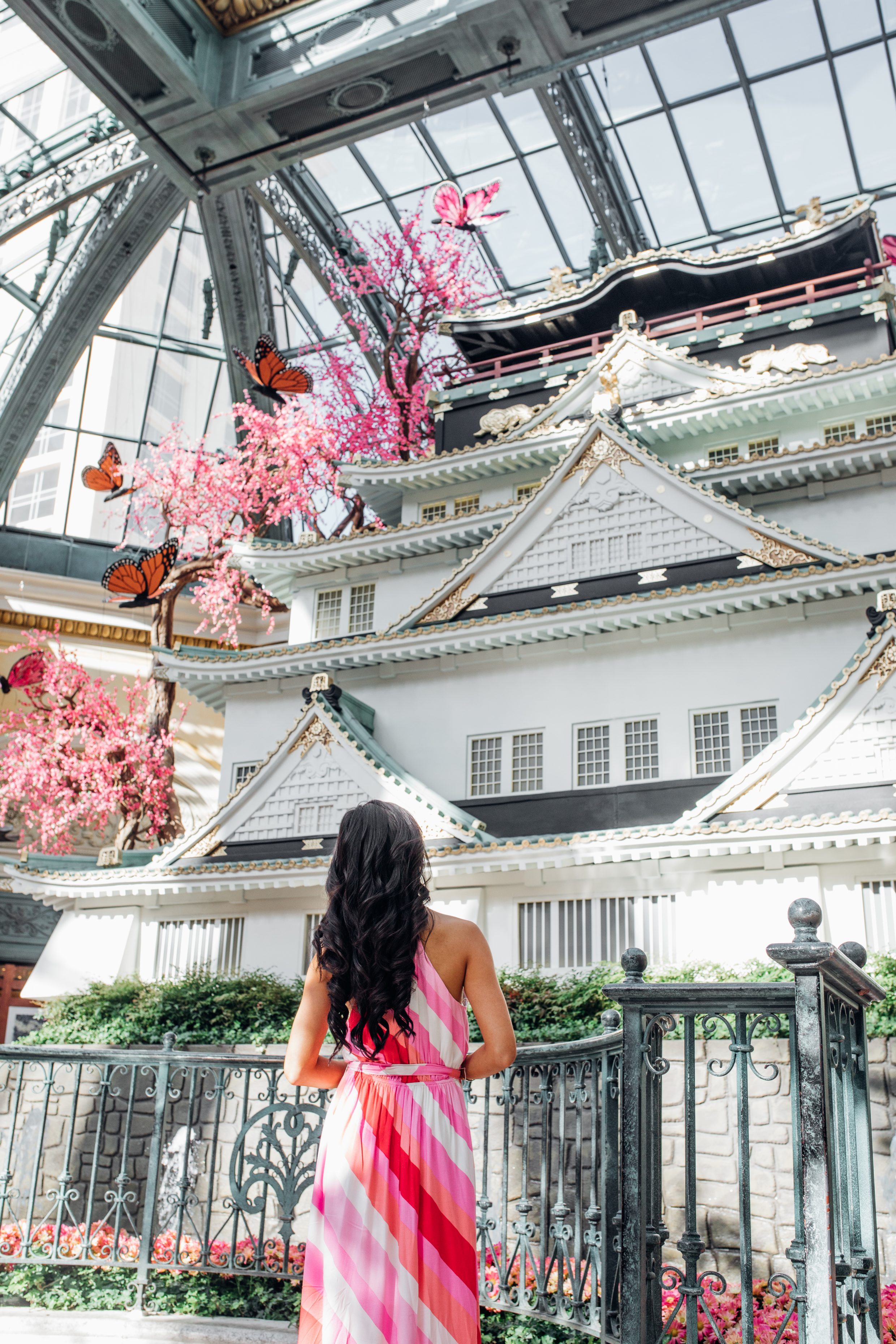 Hoang-Kim at the Osaka Castle replica at the Bellagio wearing a Vici Dolls striped maxi dress