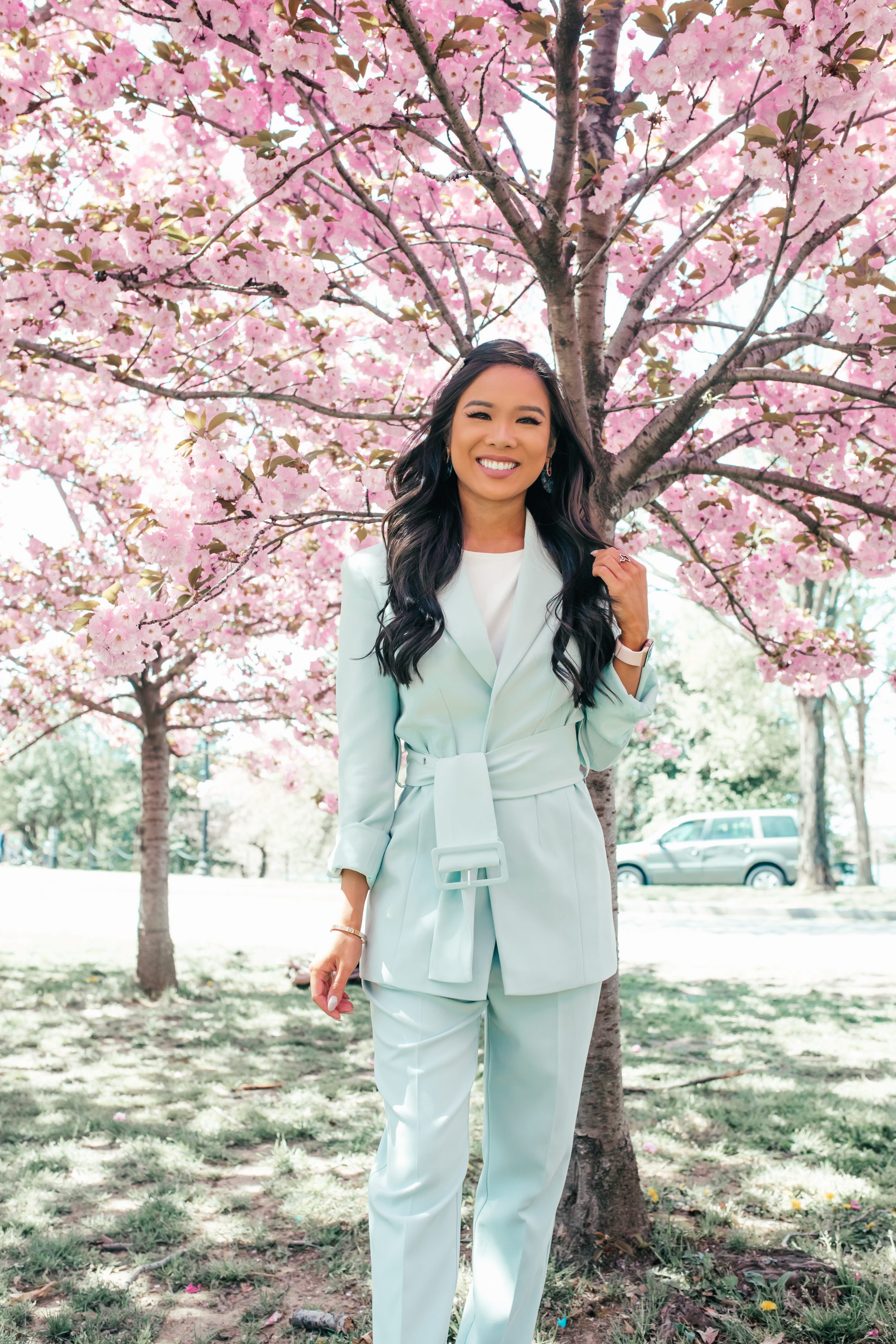 Hoang-Kim wears a mint green pantsuit to see Cherry Blossoms in Washington, D.C