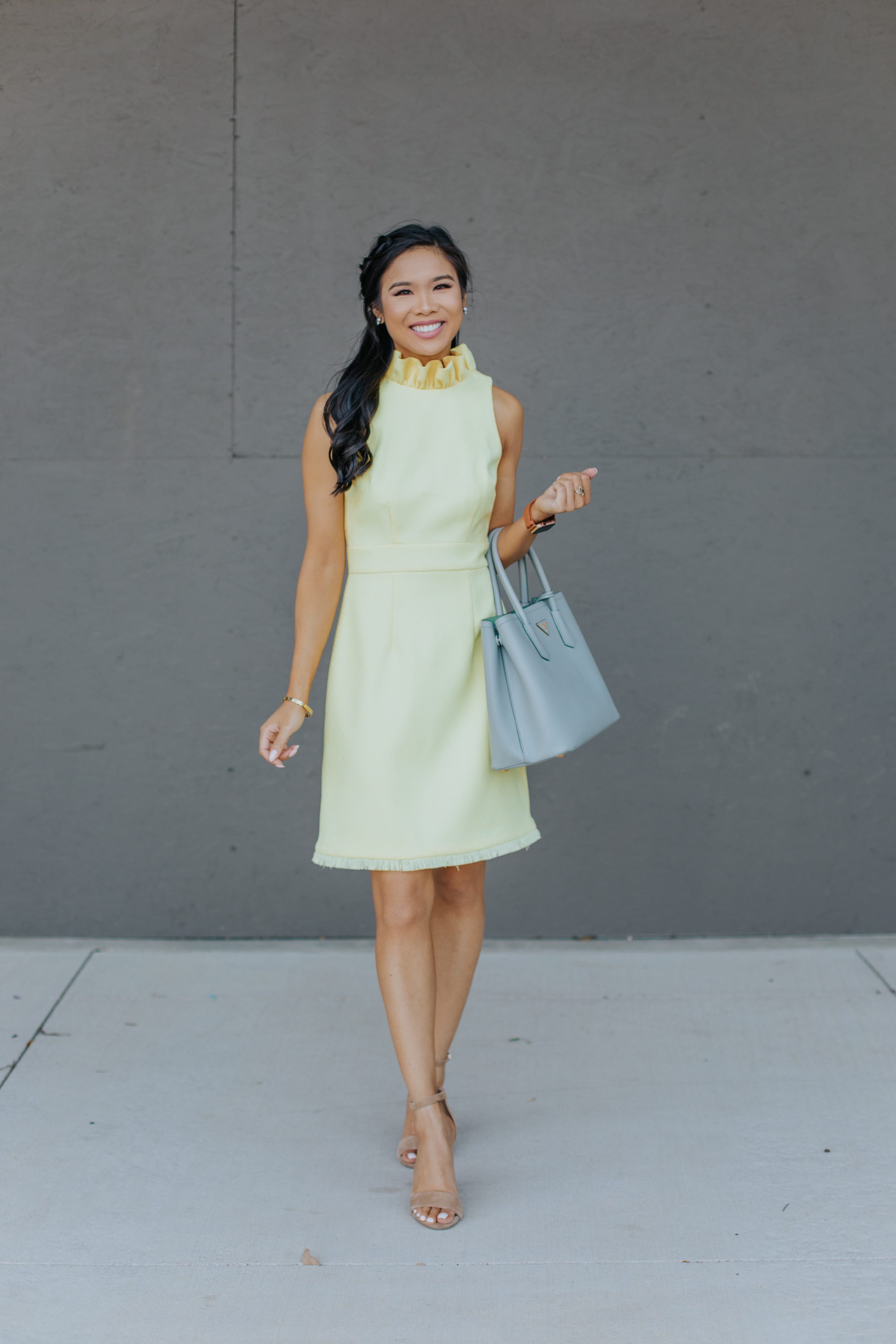 Petite Asian blogger wears an buttery yellow dress