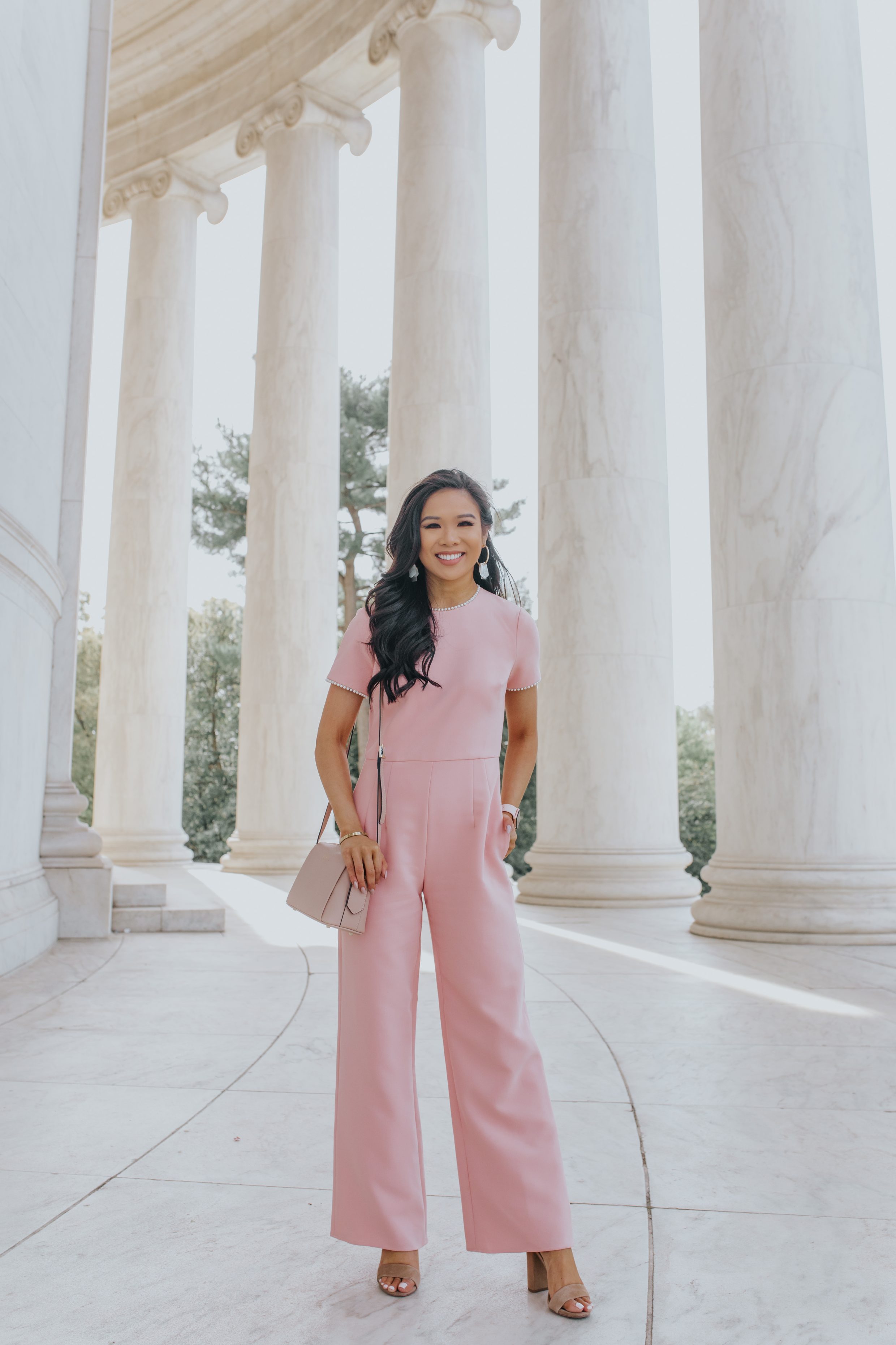 Blogger Hoang-Kim wears a pink pearl trim dressy jumpsuit