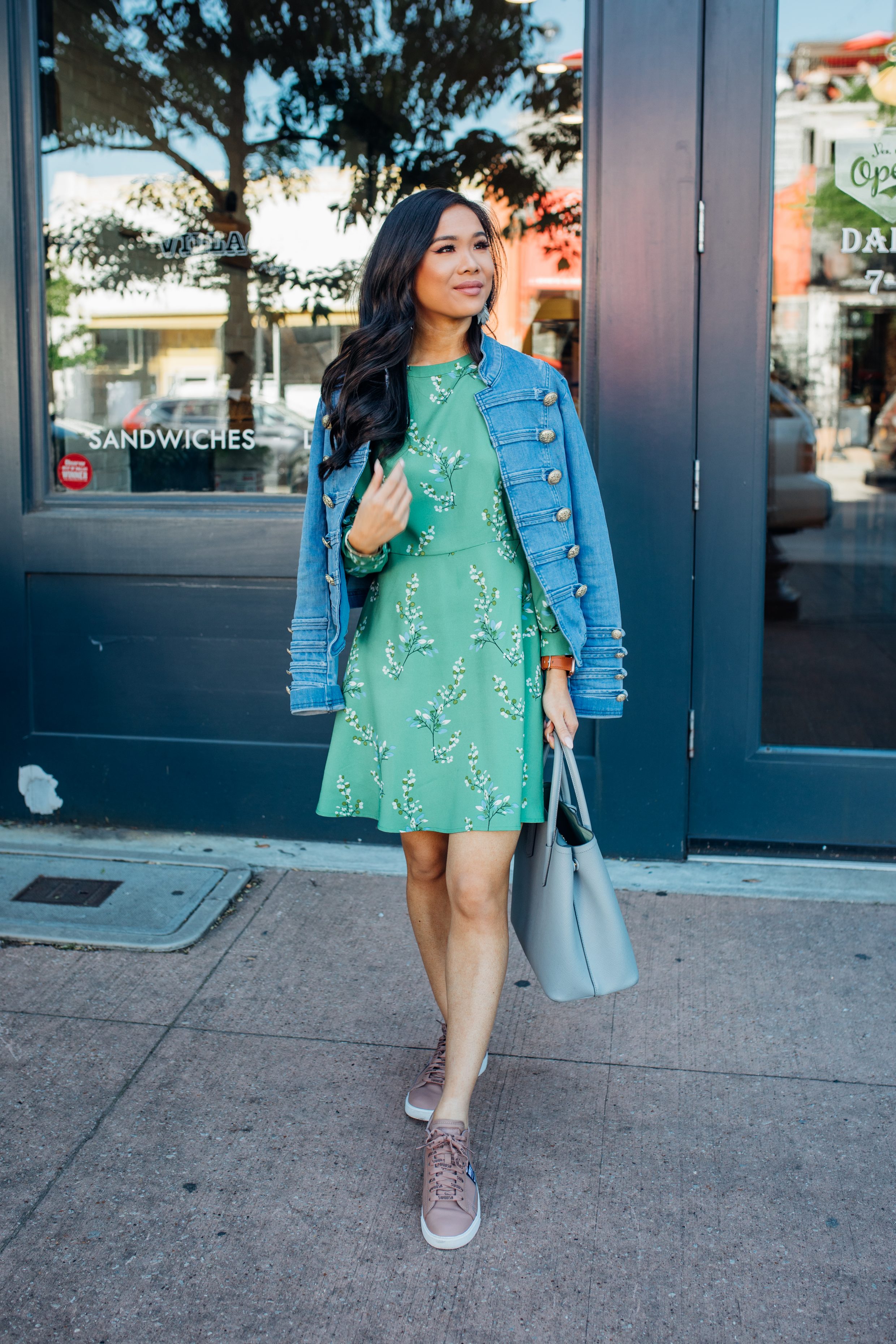 Blogger Hoang-Kim wears a LOFT Flower Branch Shirtdress with Nike sneakers