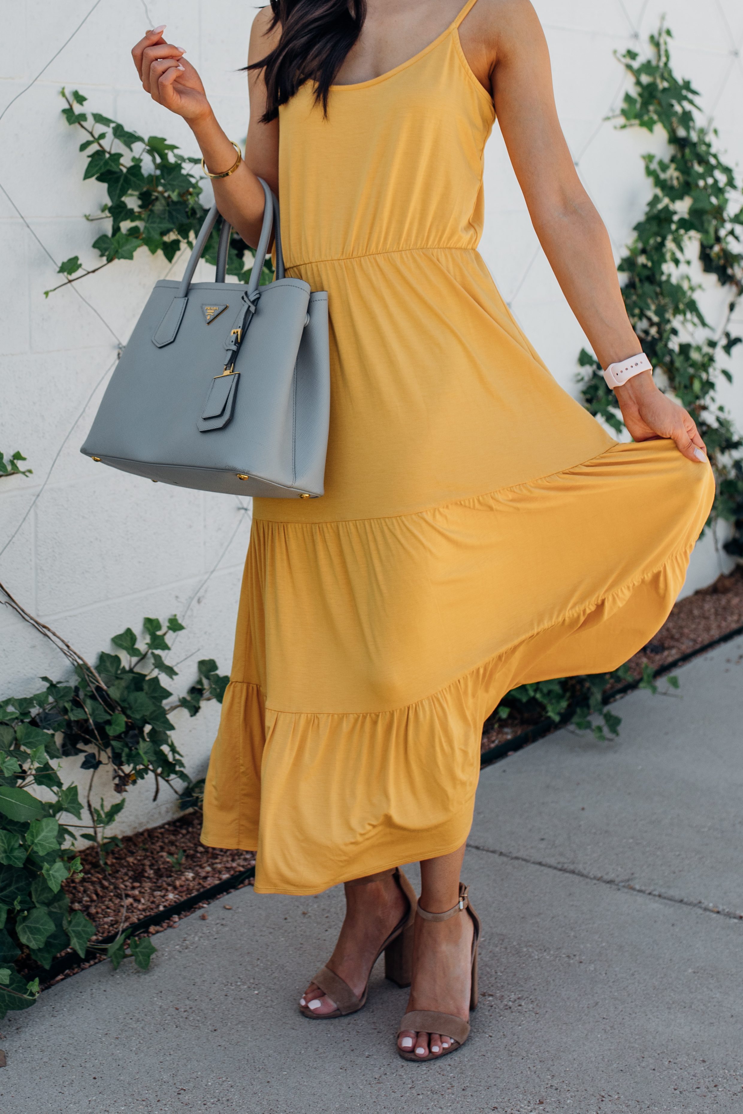 Marigold tiered maxi dress for spring and summer outfit idea