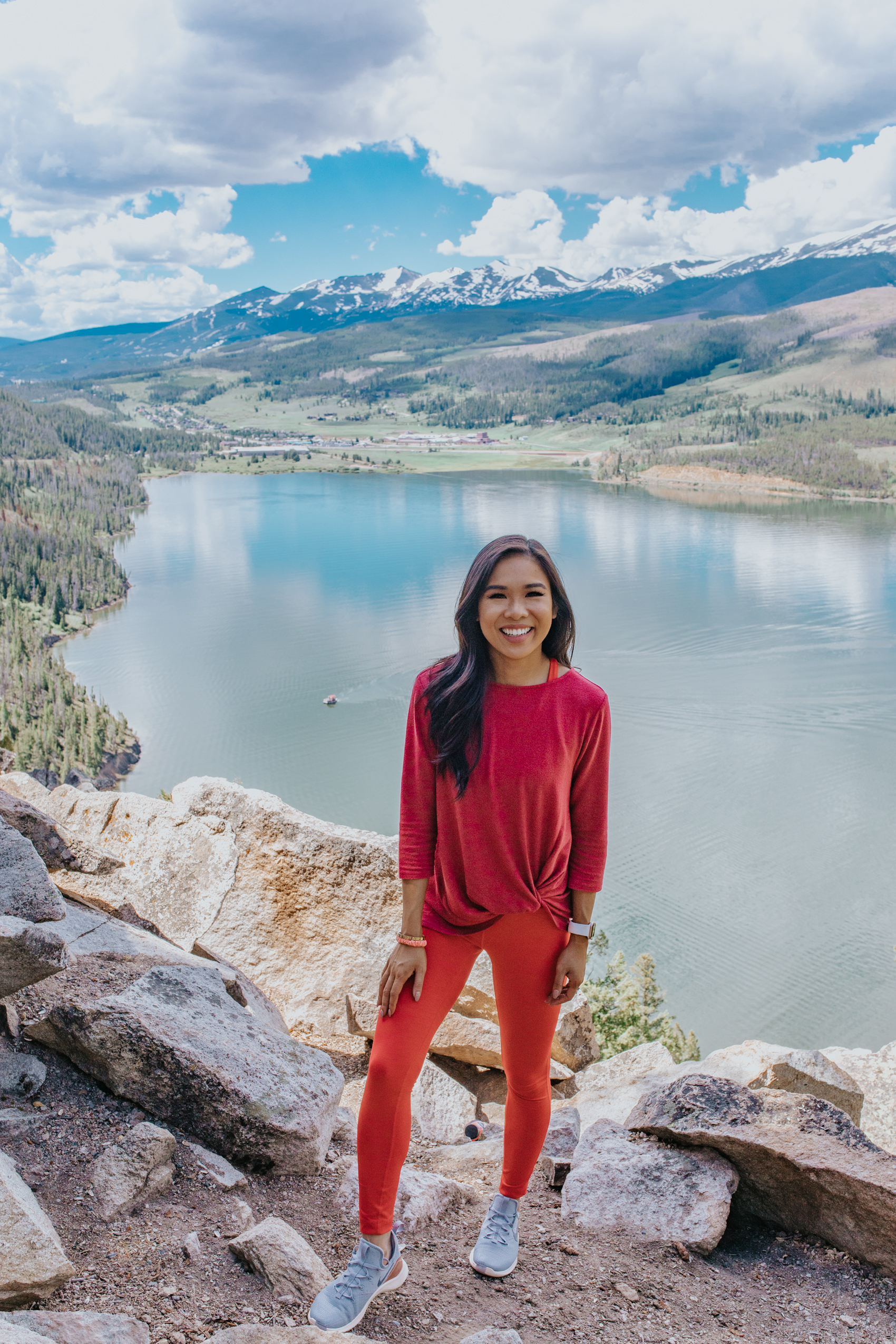 All red activewear with Outdoor Voices and Gibson at Sapphire Point Outlook in Dillon, Colorado