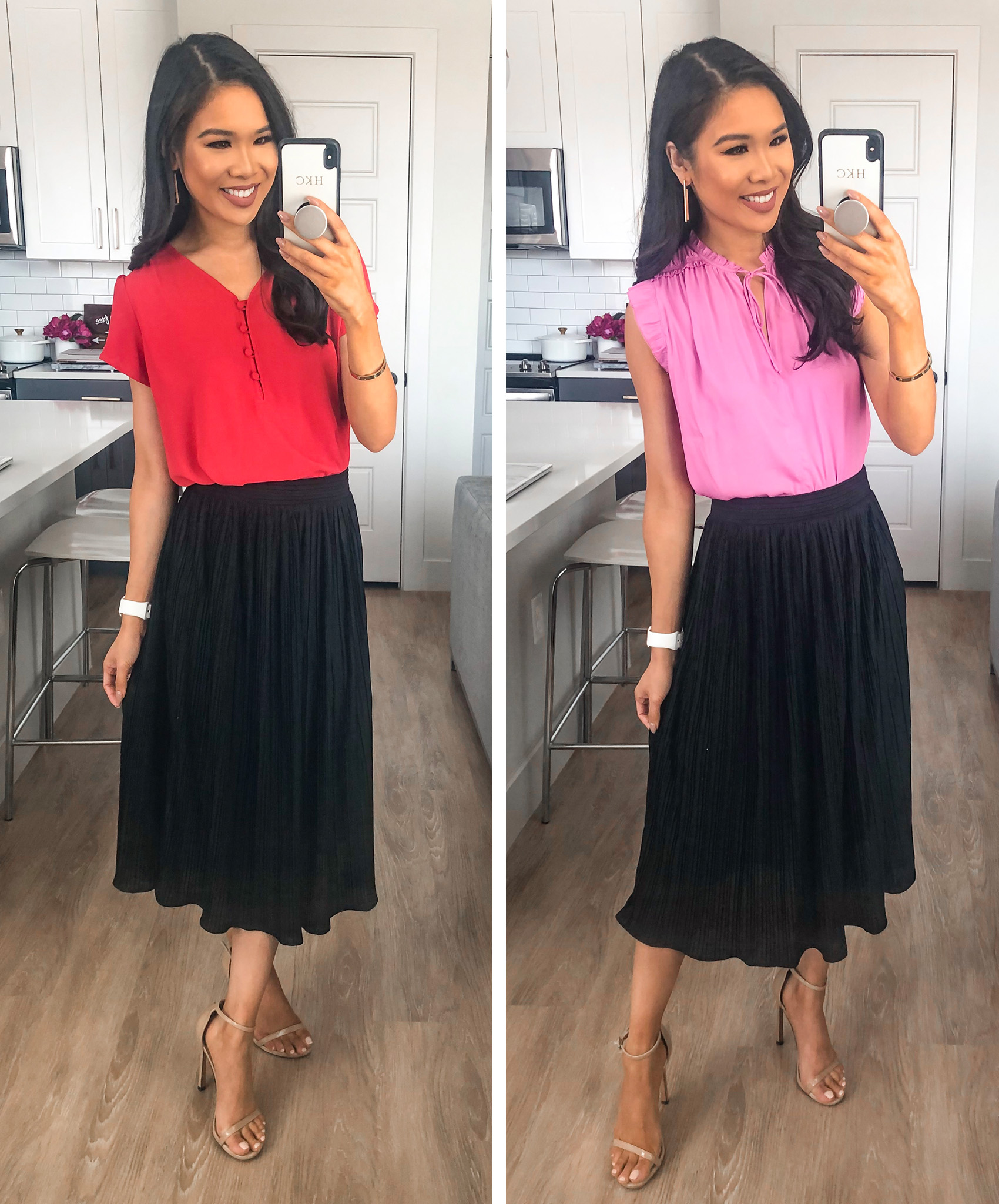 Blogger Hoang-Kim wears a black pleated midi skirt with a few different blouses