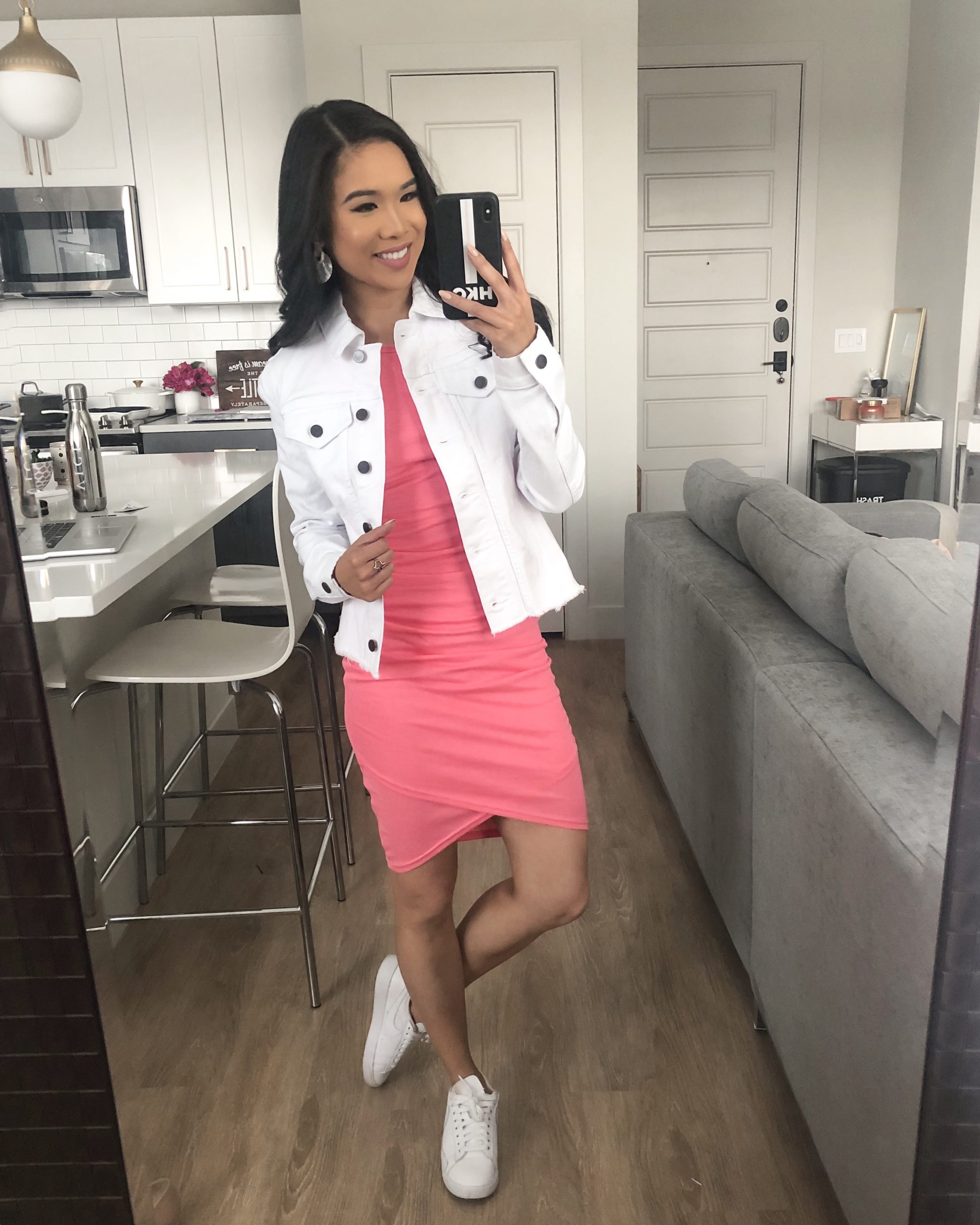 Pink Ruched Bodycon Dress with Kut from the Kloth White Denim Jacket and white Nike Sneakers