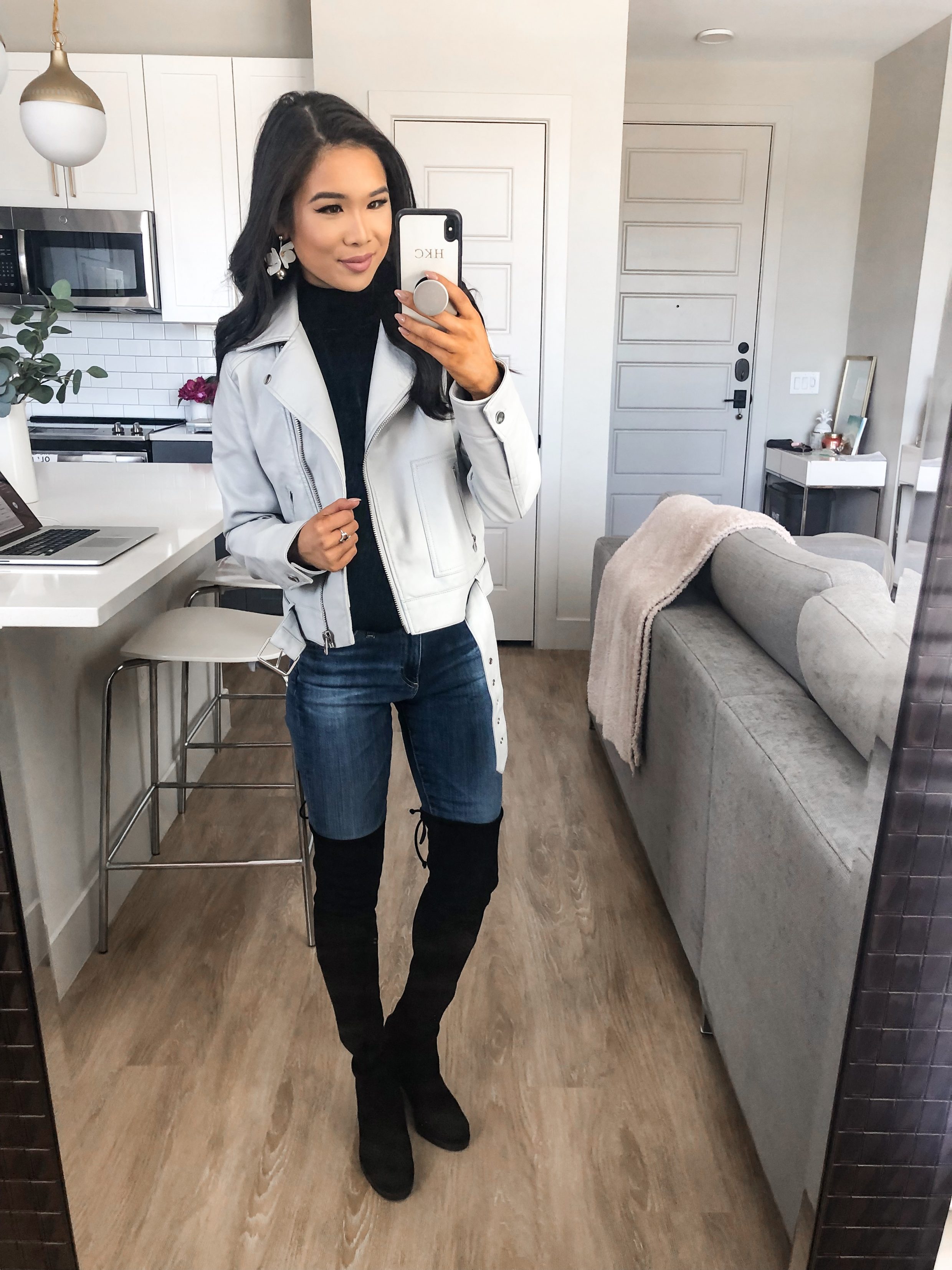 Blogger Hoang-Kim shares her petite friendly picks from the Nordstrom Anniversary Sale including a Topshop leather jacket, AG Jeans and Stuart Weitzman Darla over the knee boots