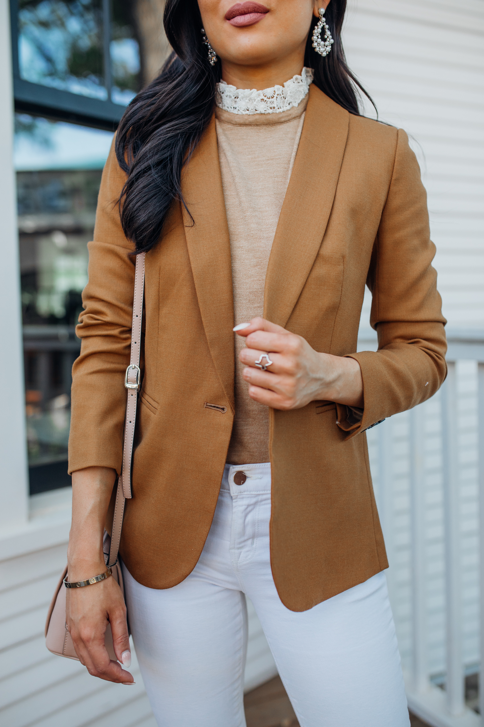 Brown wool blazer outfits with lace collar sweater for business casual