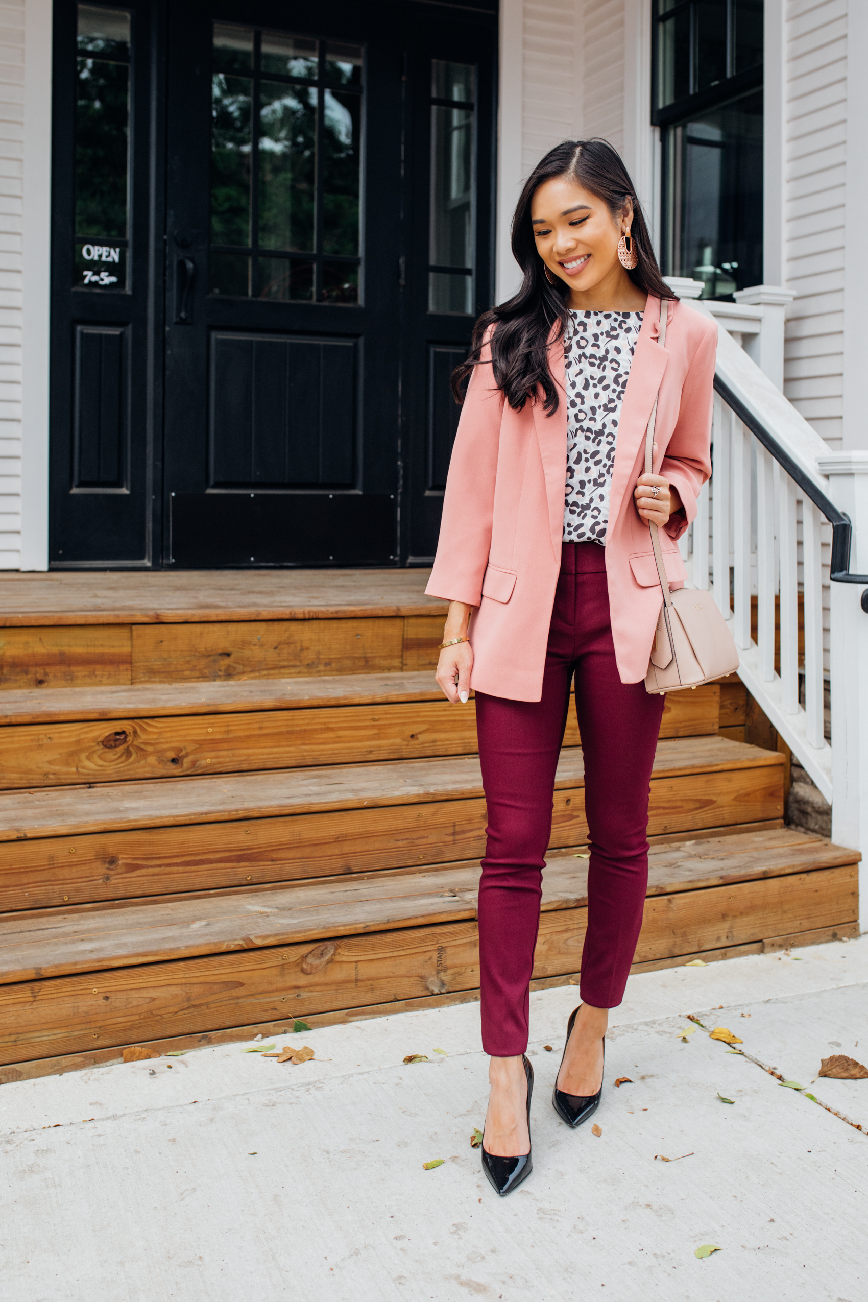 Petite workwear outfit featuring leopard print, burgundy pants and pink blazer