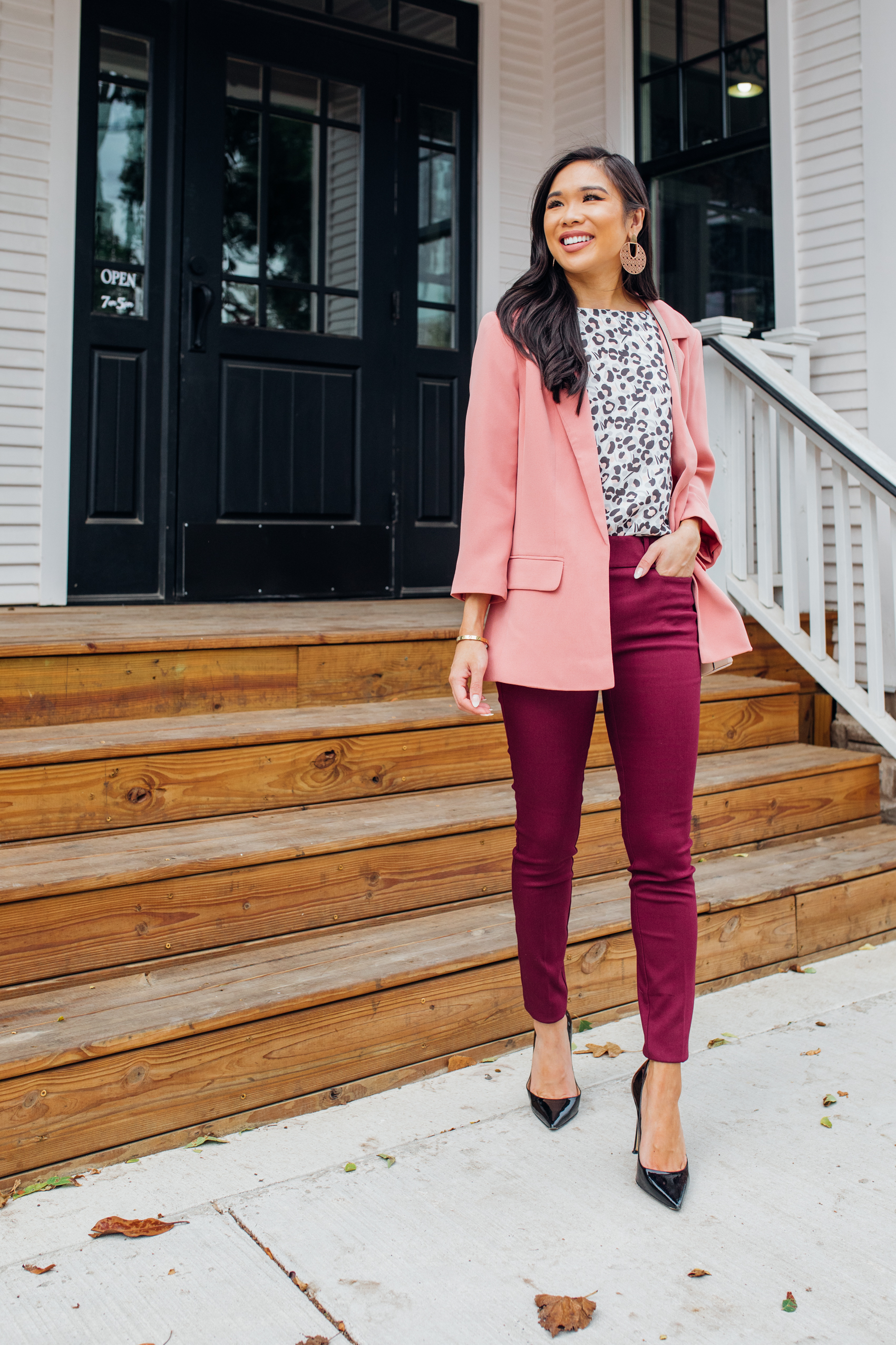 Petite workwear outfit featuring leopard print, burgundy pants and pink blazer
