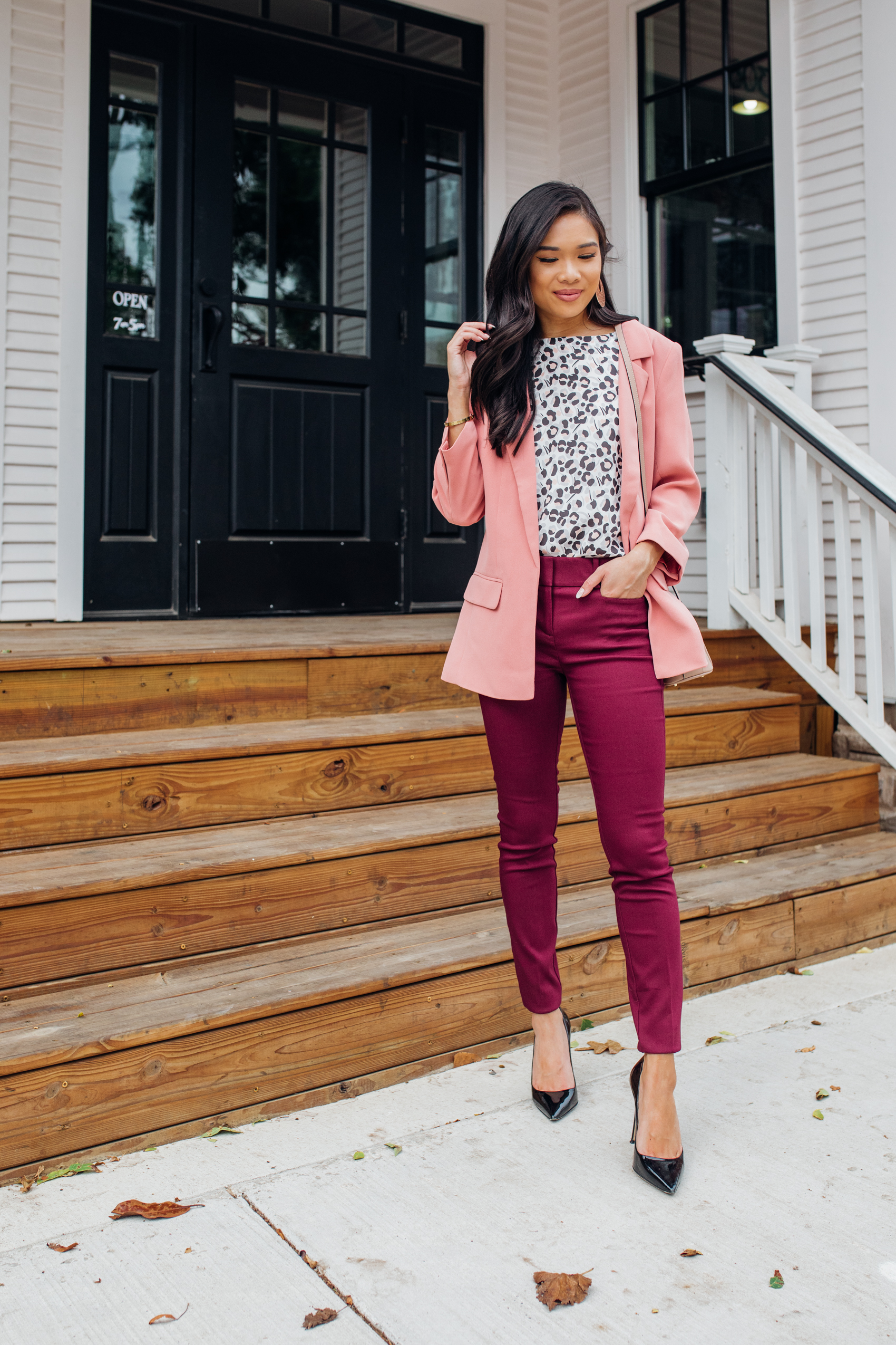 LOFT petite workwear outfits with burgundy pants, leopard print blouse and open blazer