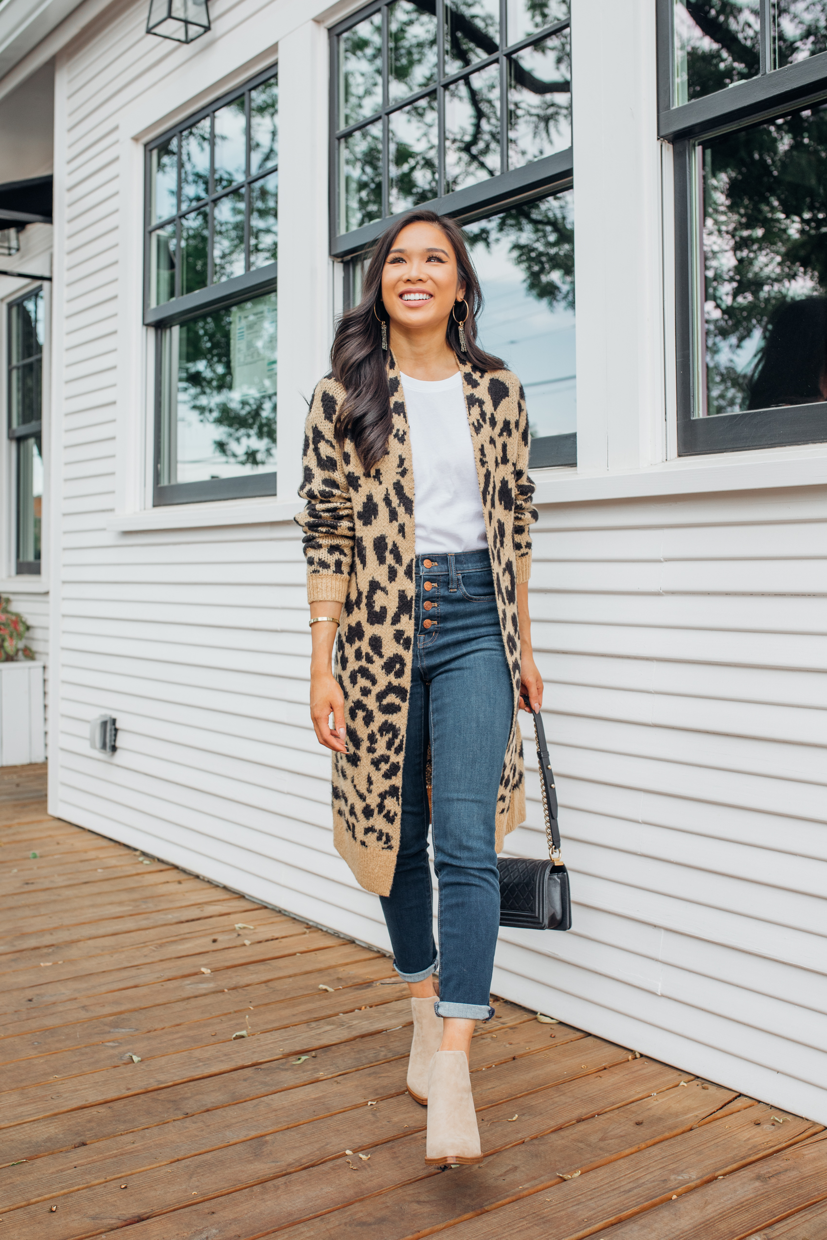 Leopard cardigan outfit for summer and fall with tan booties