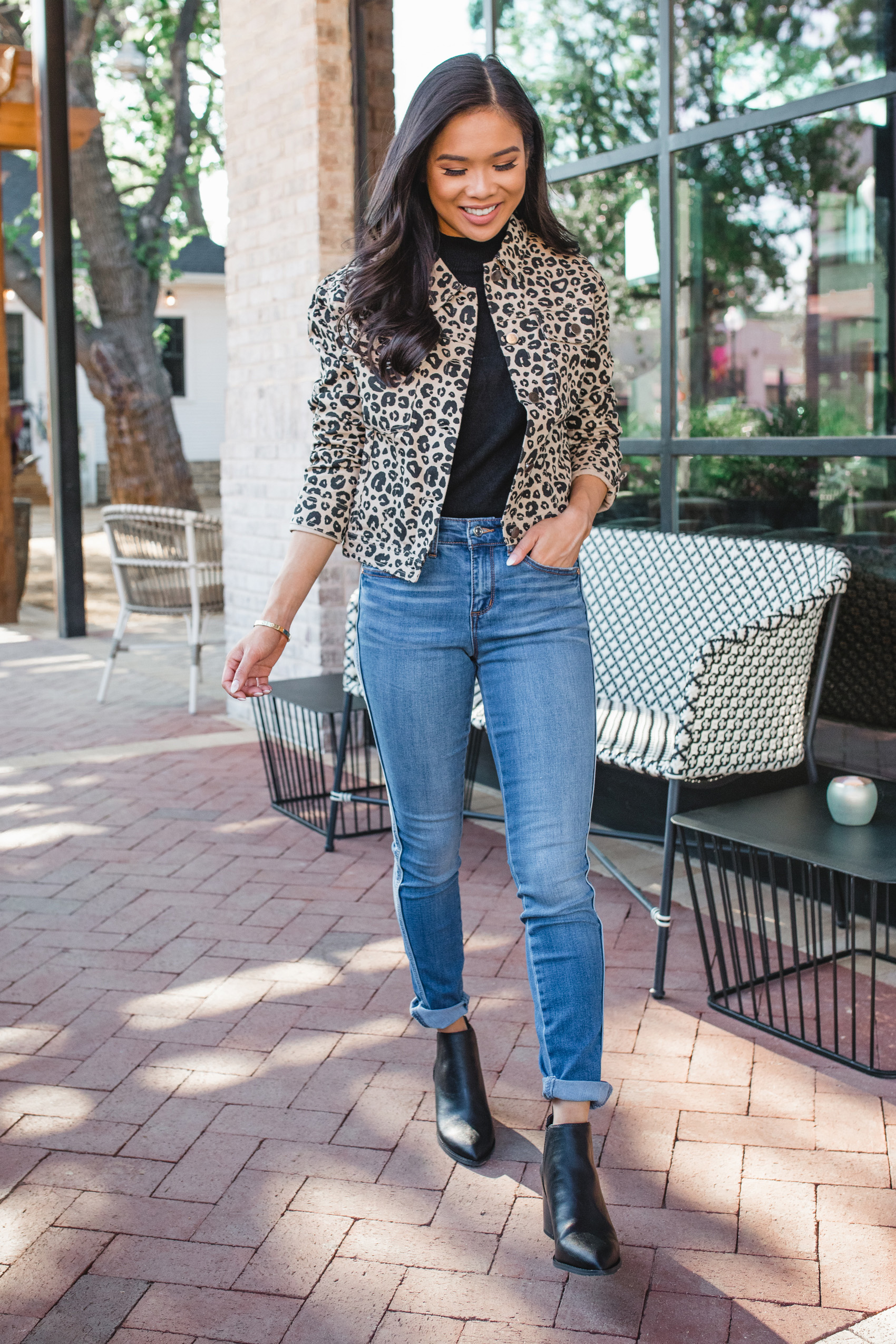 Leopard jacket for fall outfit idea with Walmart in Bishop Arts area of Dallas