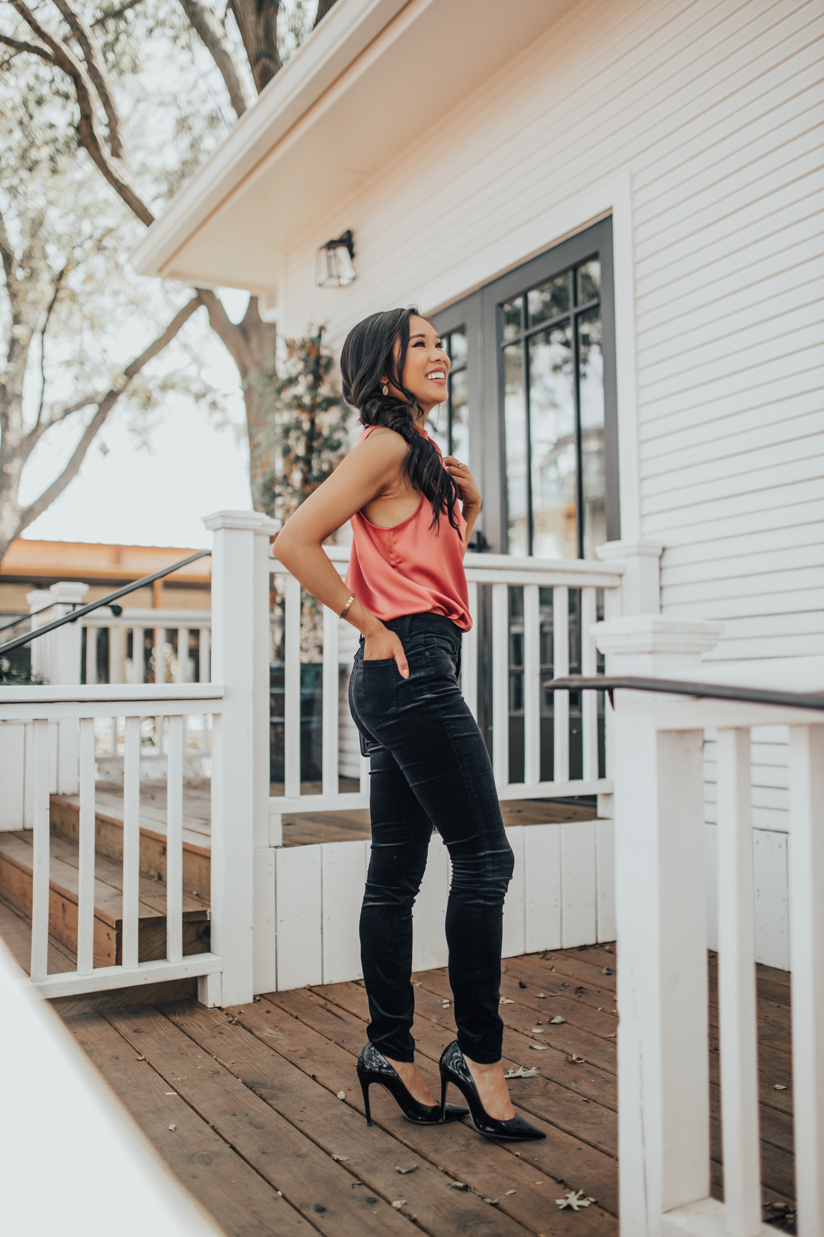 Blogger Hoang-Kim shares a holiday party outfit with velvet jeans and a satin top