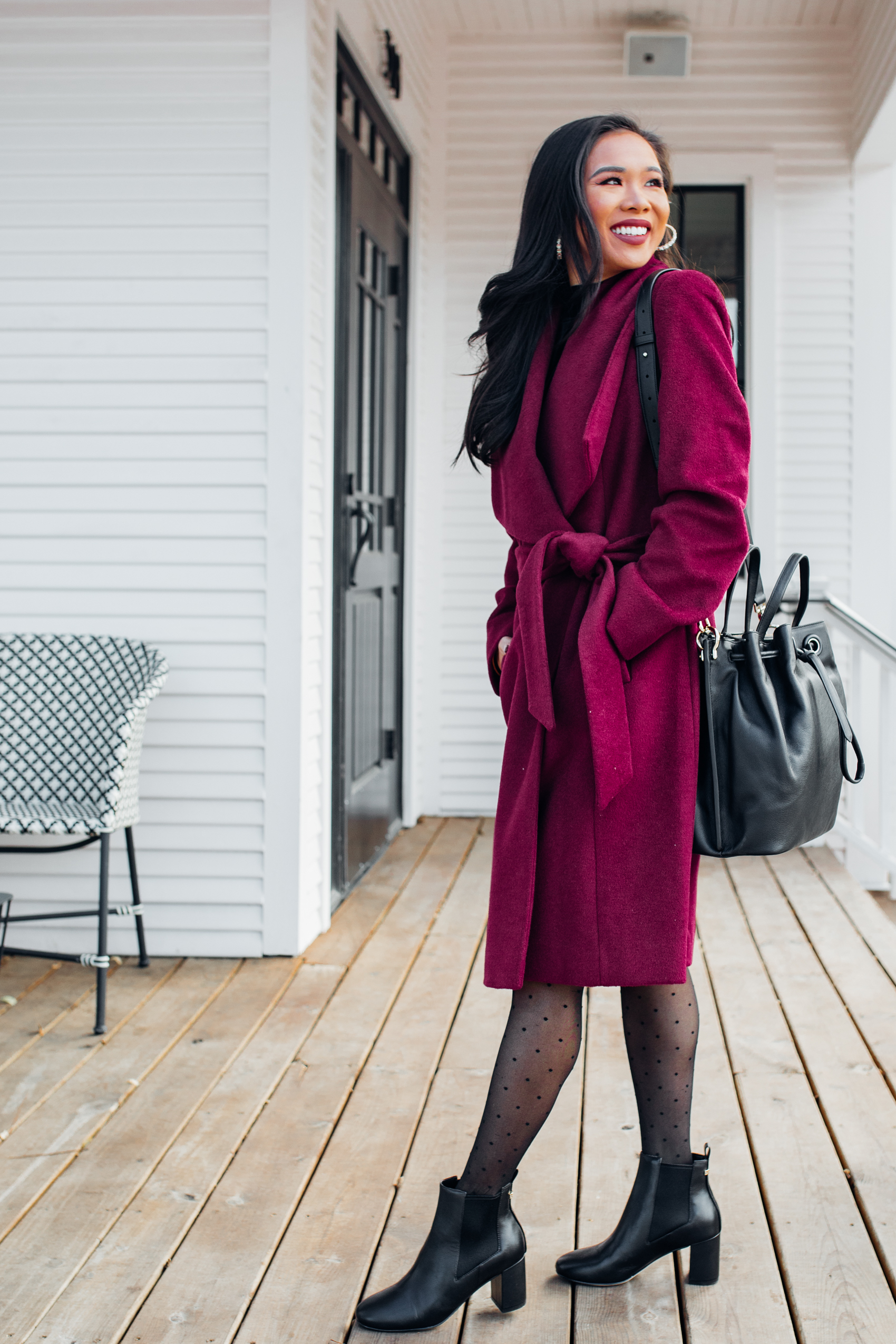 Wrap Coat with a bucket bag and booties for workwear and Luxury gifts for women without the price tag