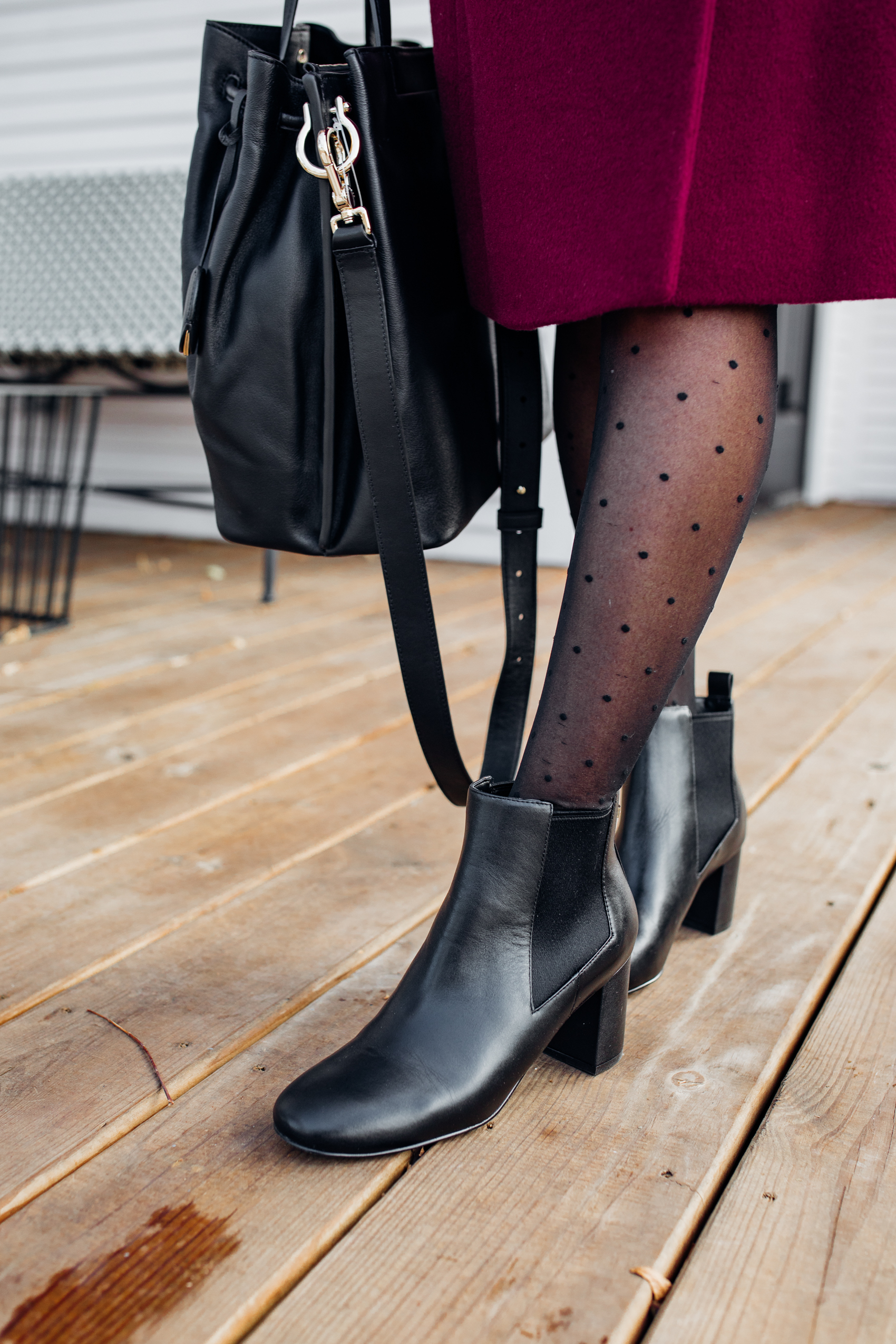 Comfy booties for fall and winter with polka dot tights
