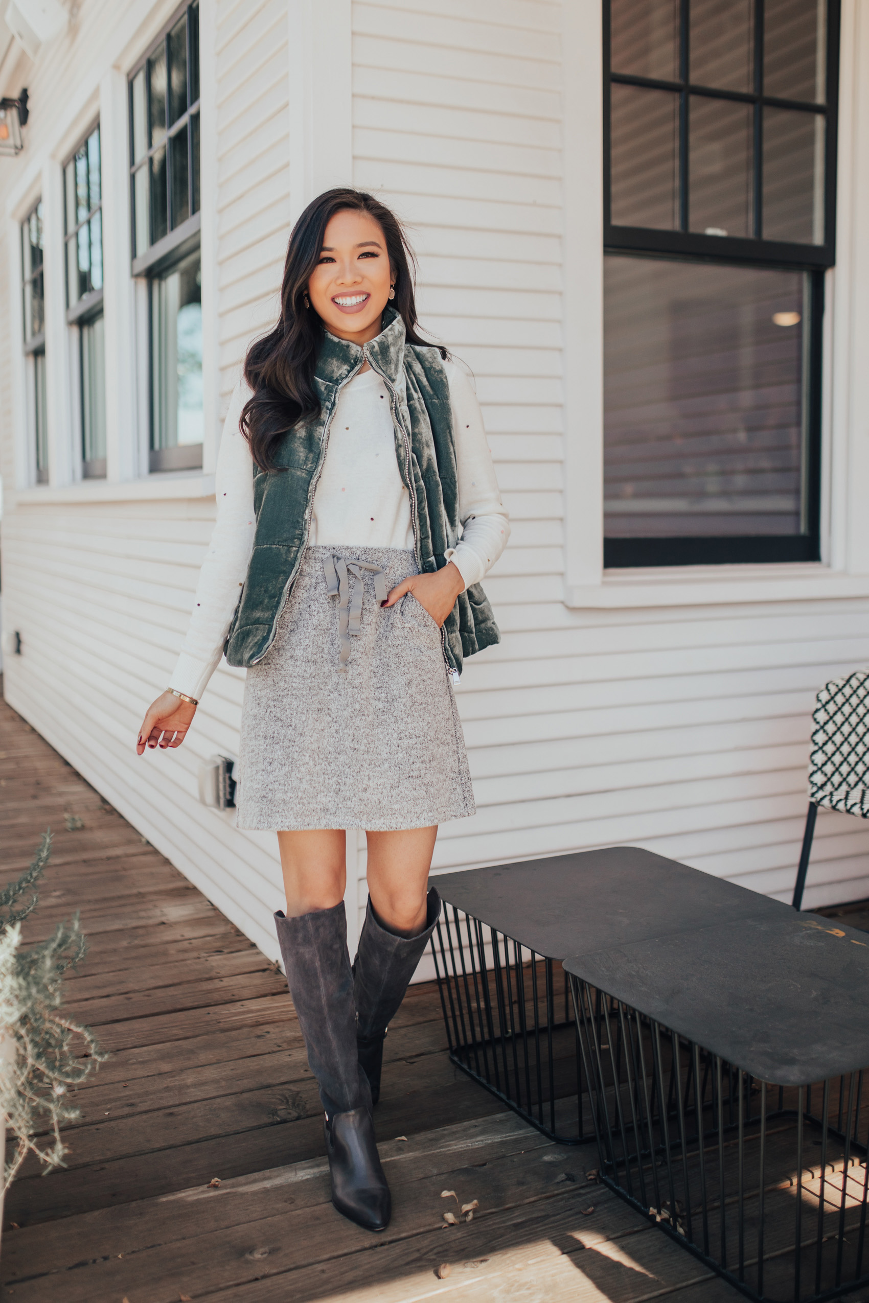 Velvet vest for a simple fall outfit idea with knee high boots